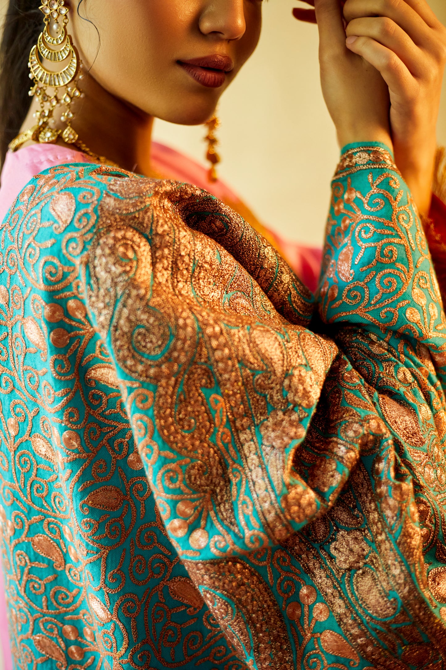 Pure Pashmina All Over Jaali Turquoise and Gold Shawl