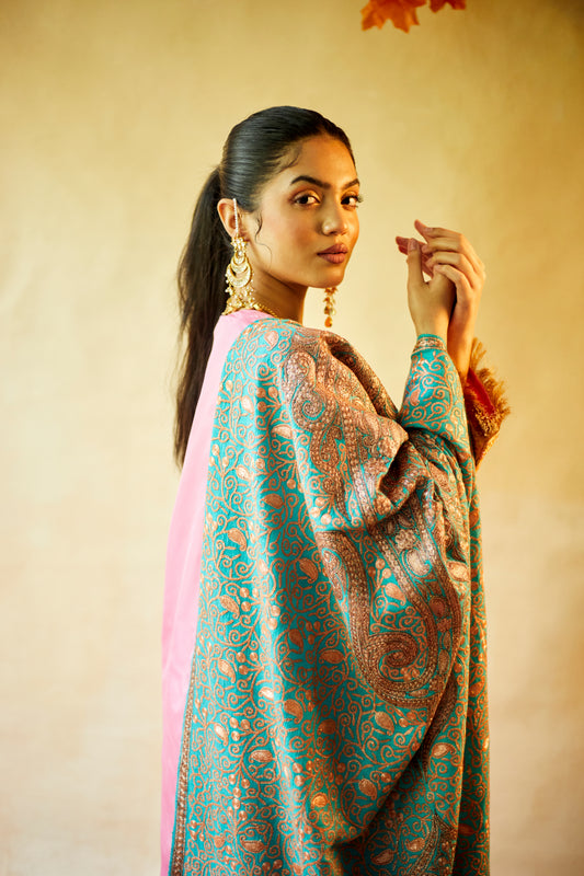 Pure Pashmina All Over Jaali Turquoise and Gold Shawl