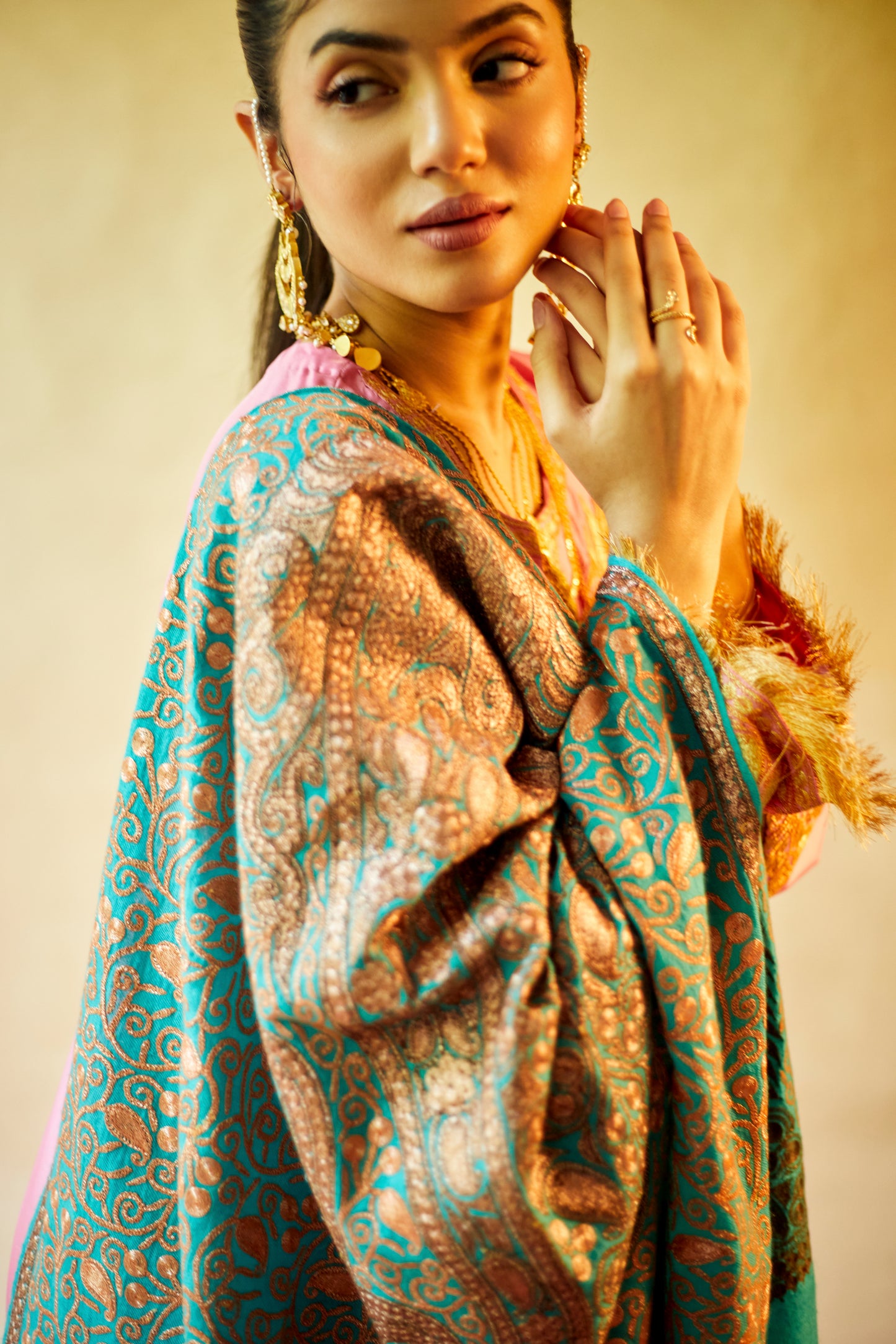 Pure Pashmina All Over Jaali Turquoise and Gold Shawl