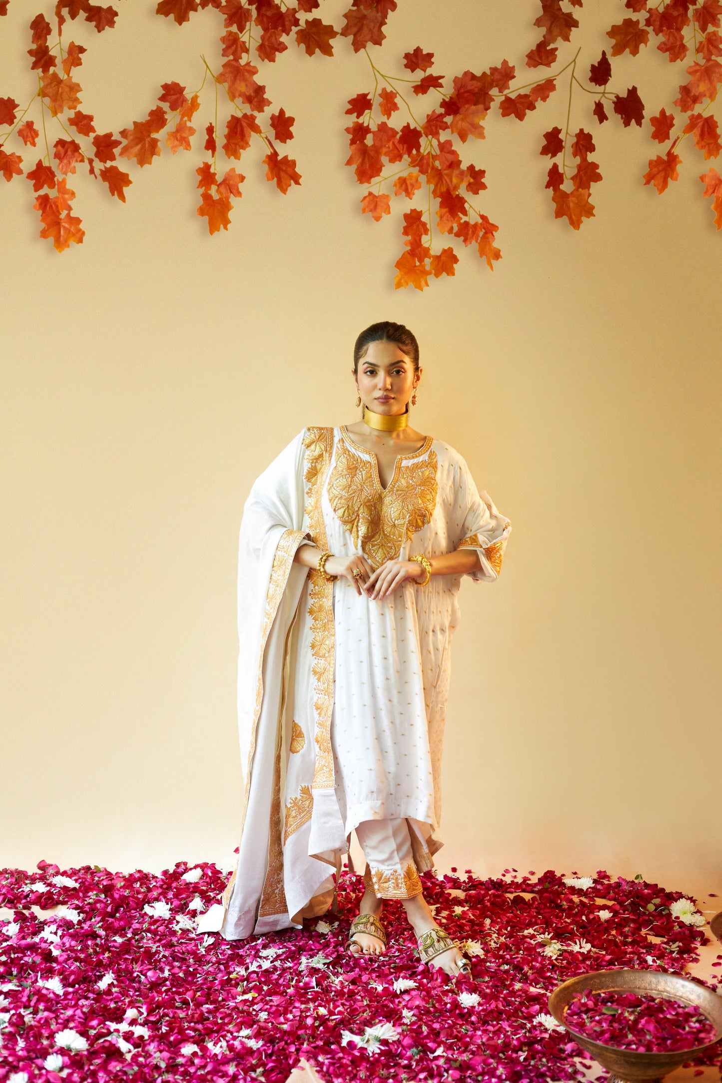 Cream Printed Pure Silk Suit Set