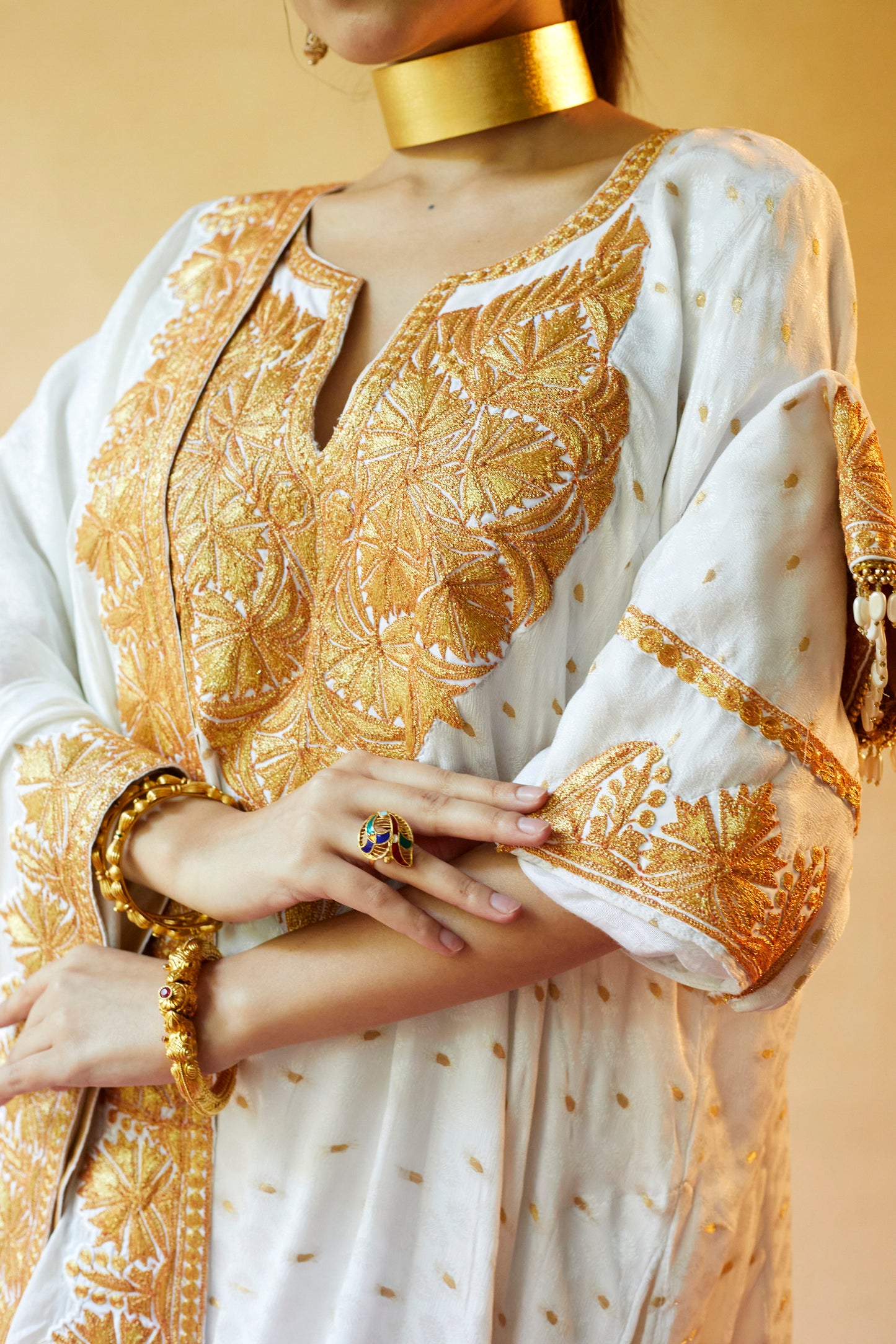 Cream Printed Pure Silk Suit Set