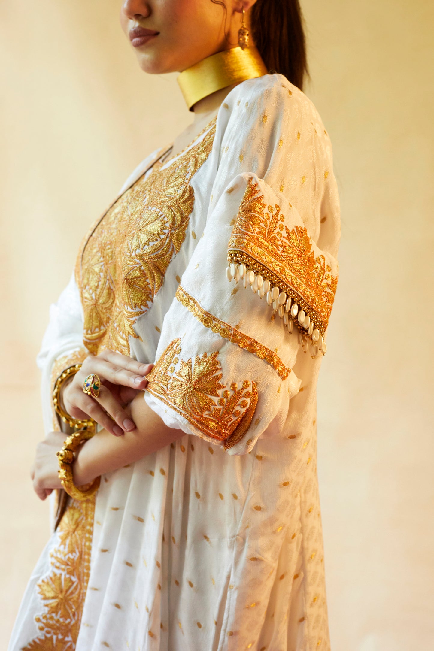 Cream Printed Pure Silk Suit Set