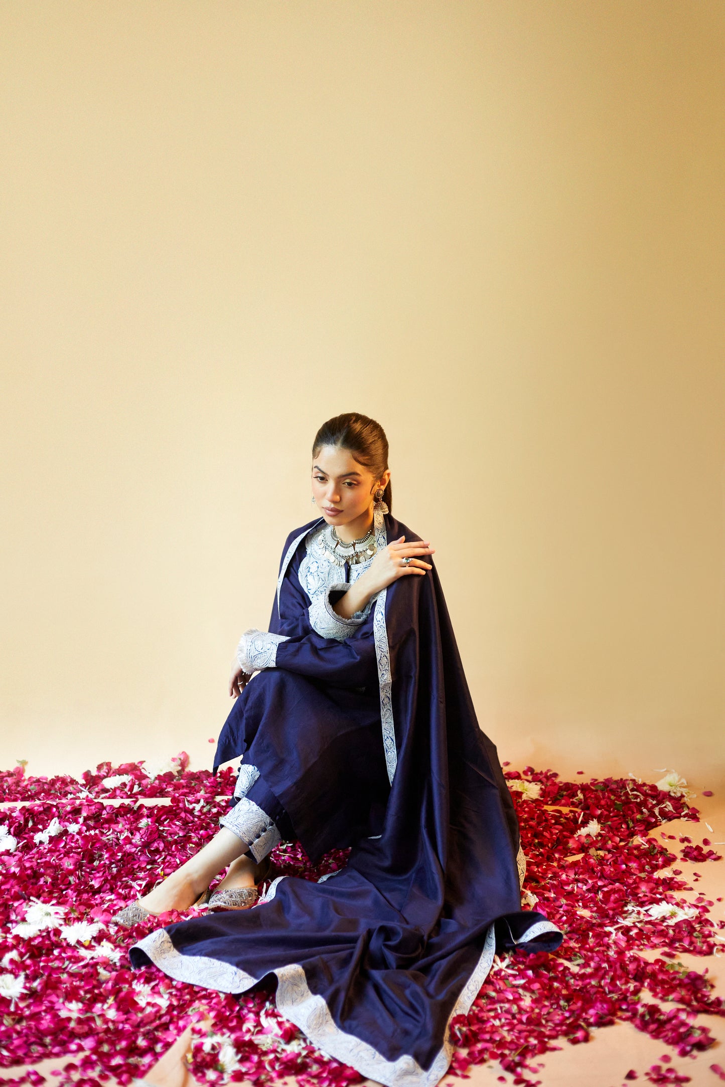 Navy Blue Pure Silk Suit Set