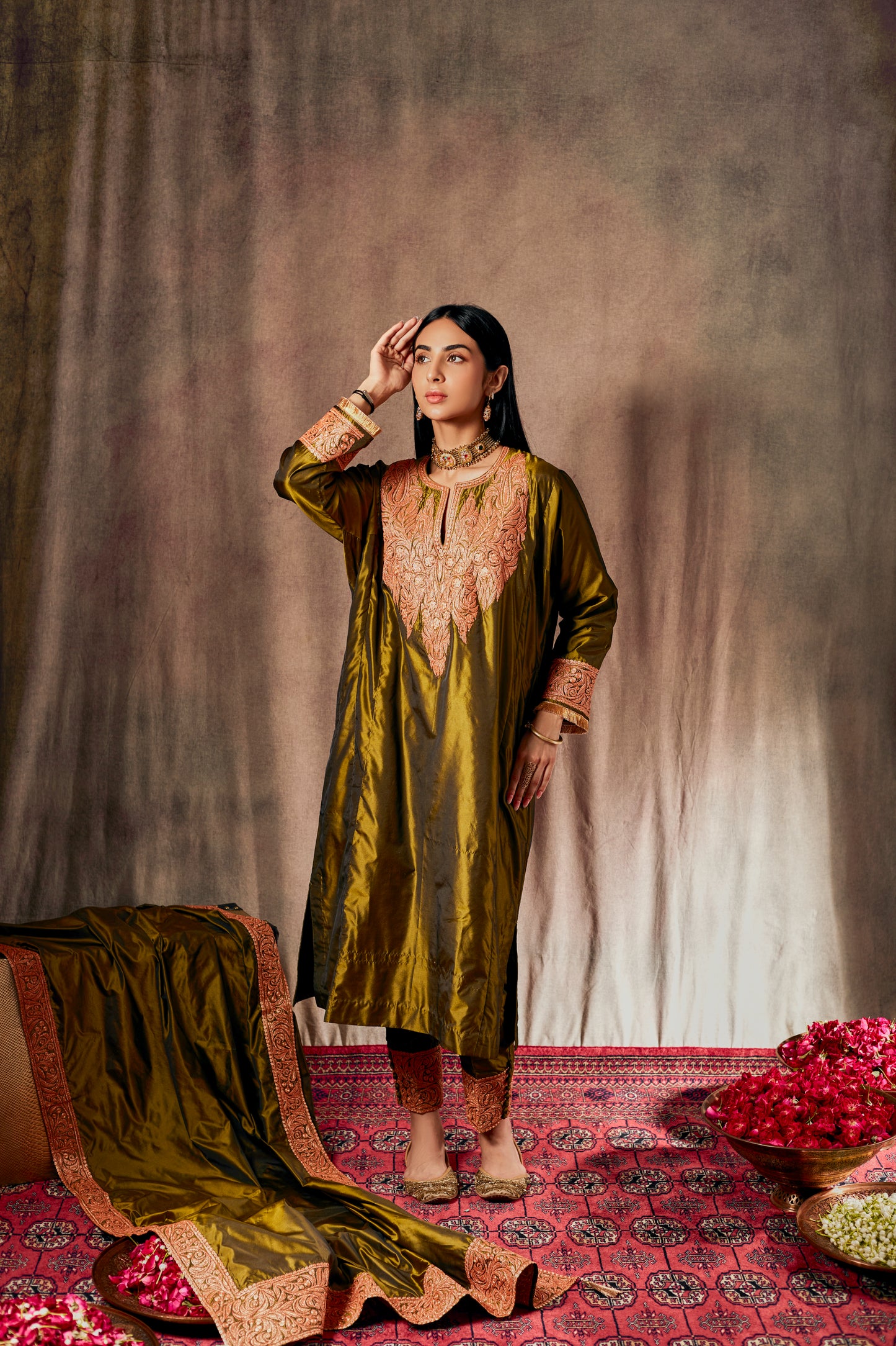 Dark Mehendi green Satin Silk Tilla Suit Set