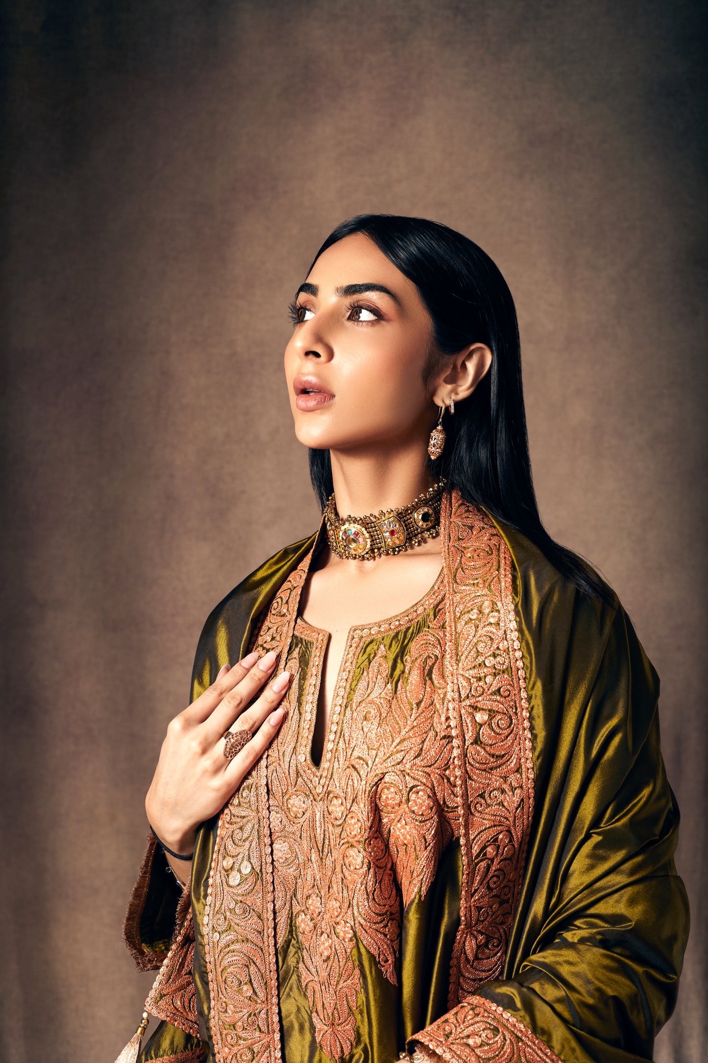 Dark Mehendi green Satin Silk Tilla Suit Set