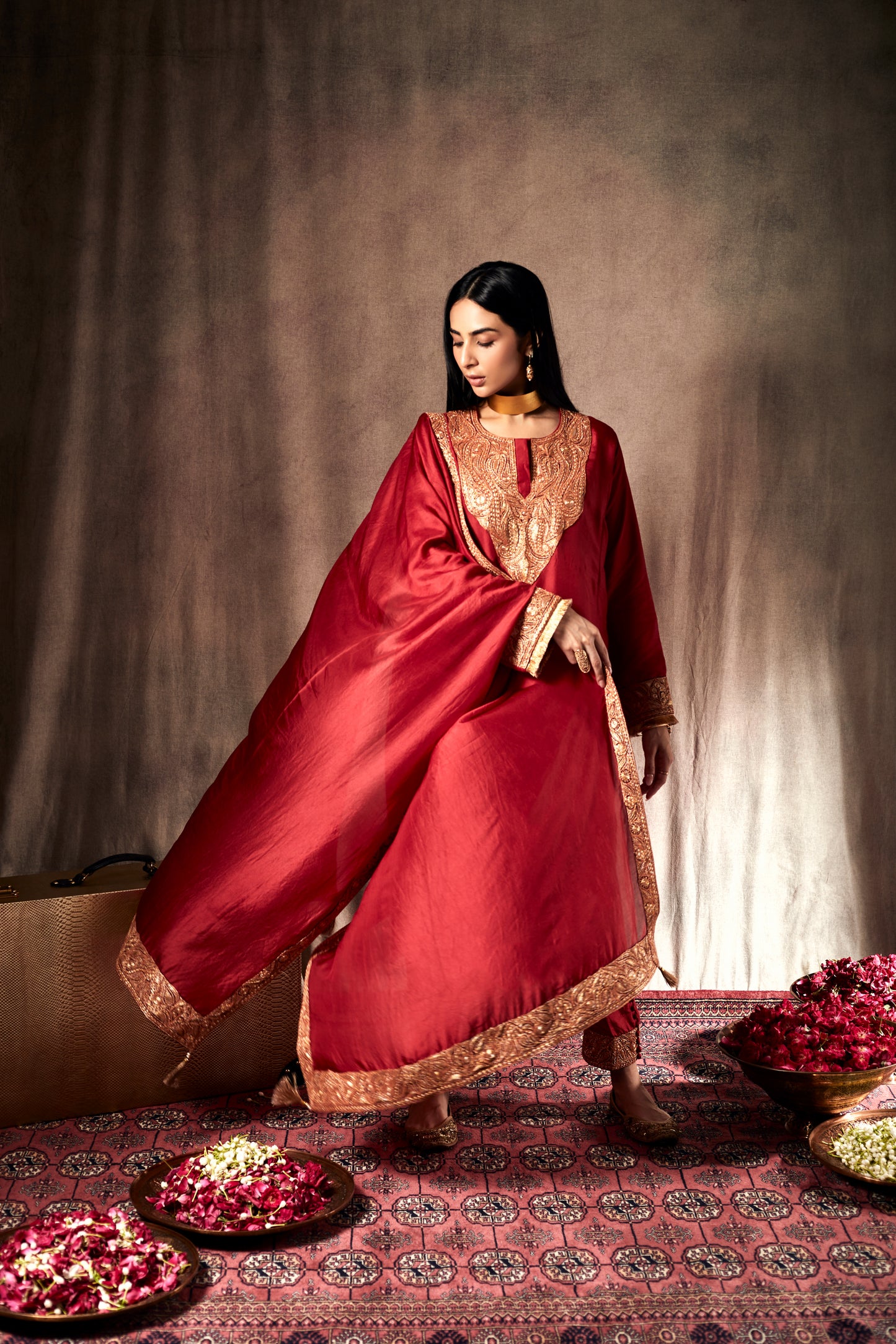 Coral Pure Silk Tilla Suit Set