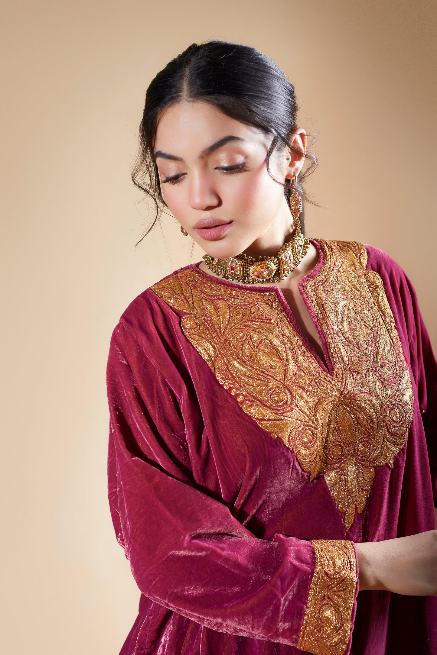Dark Pink Silk Velvet Pheran Set