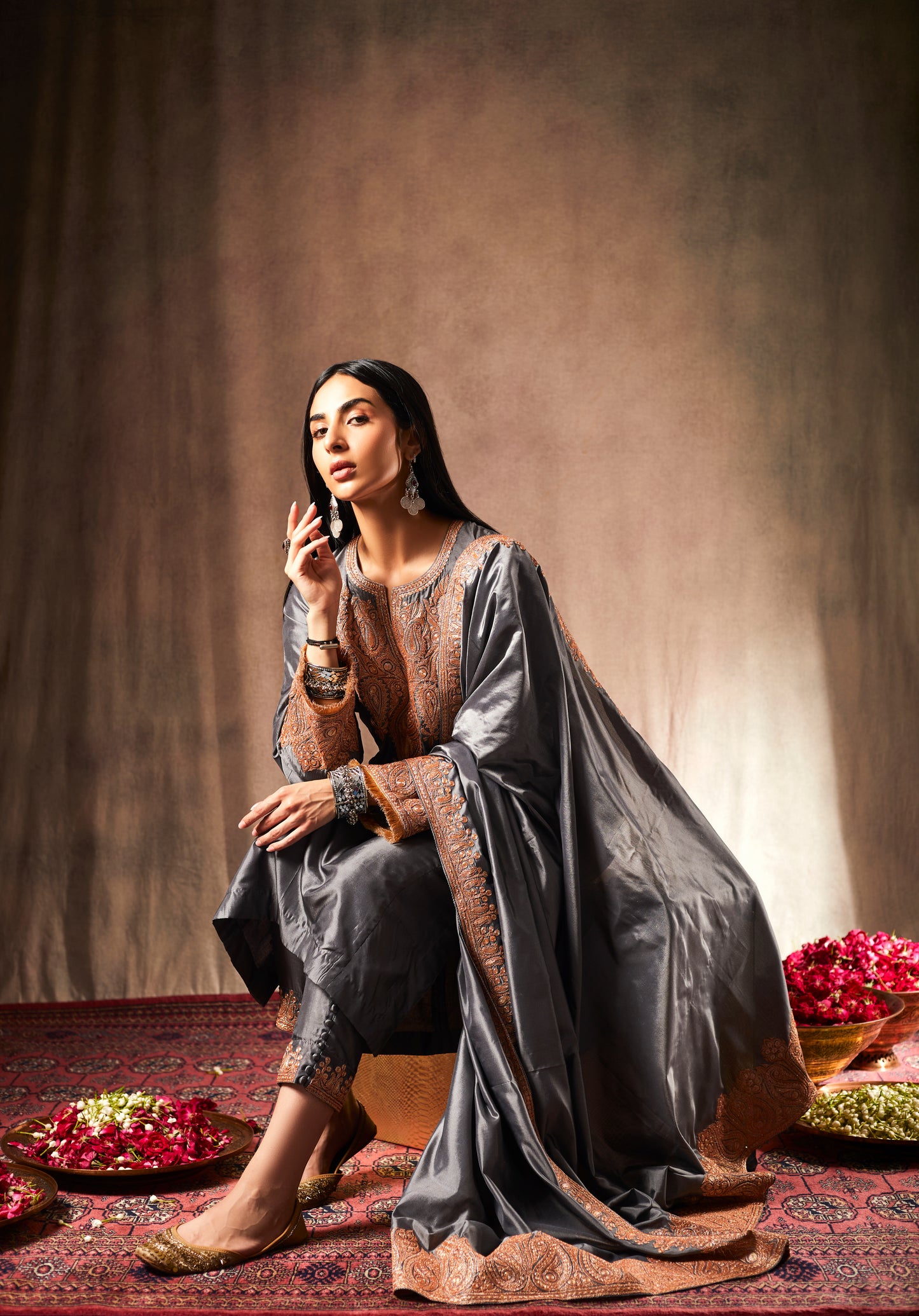 Silver Pure Silk Suit Set