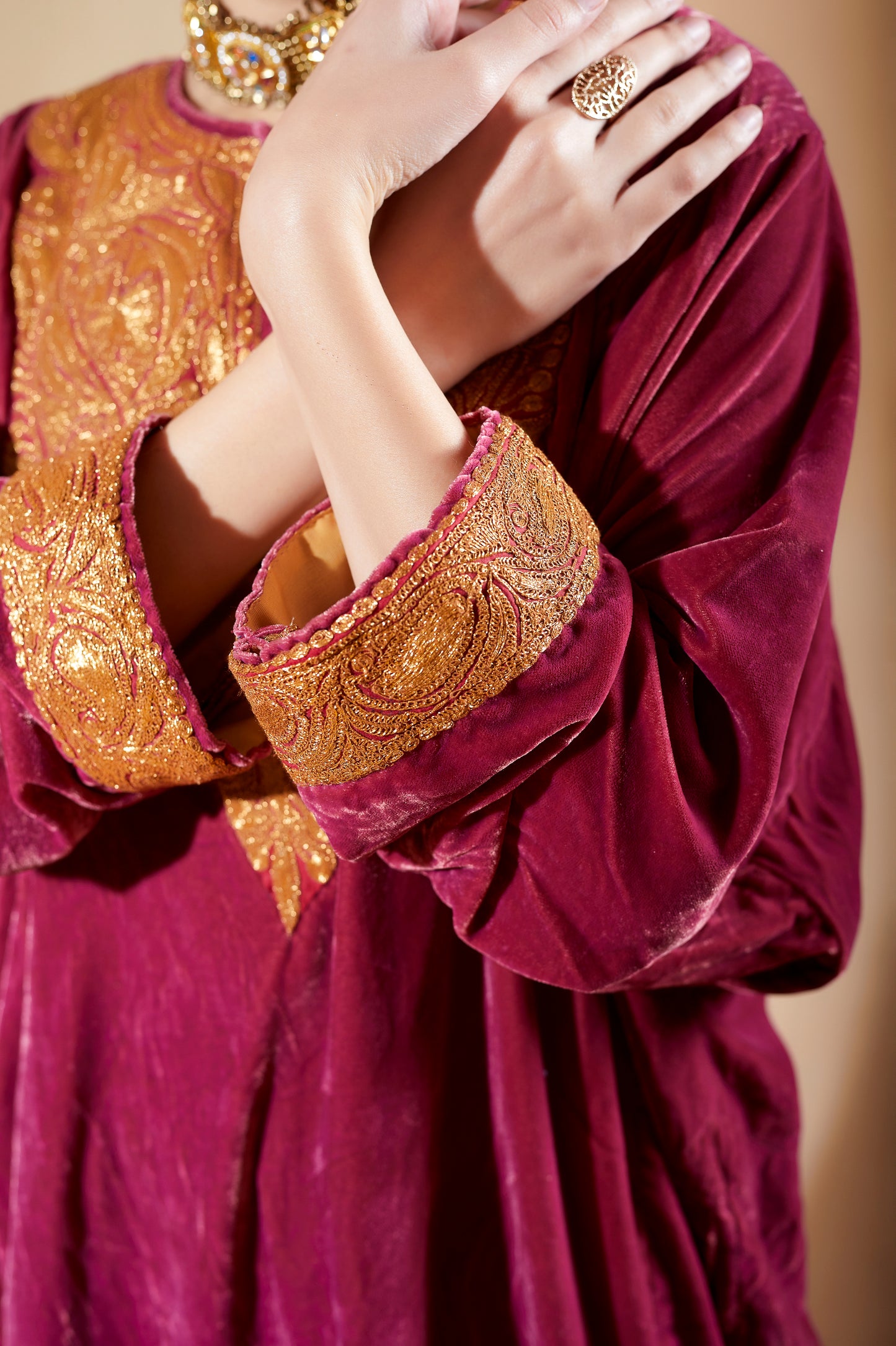 Dark Pink Silk Velvet Pheran Set
