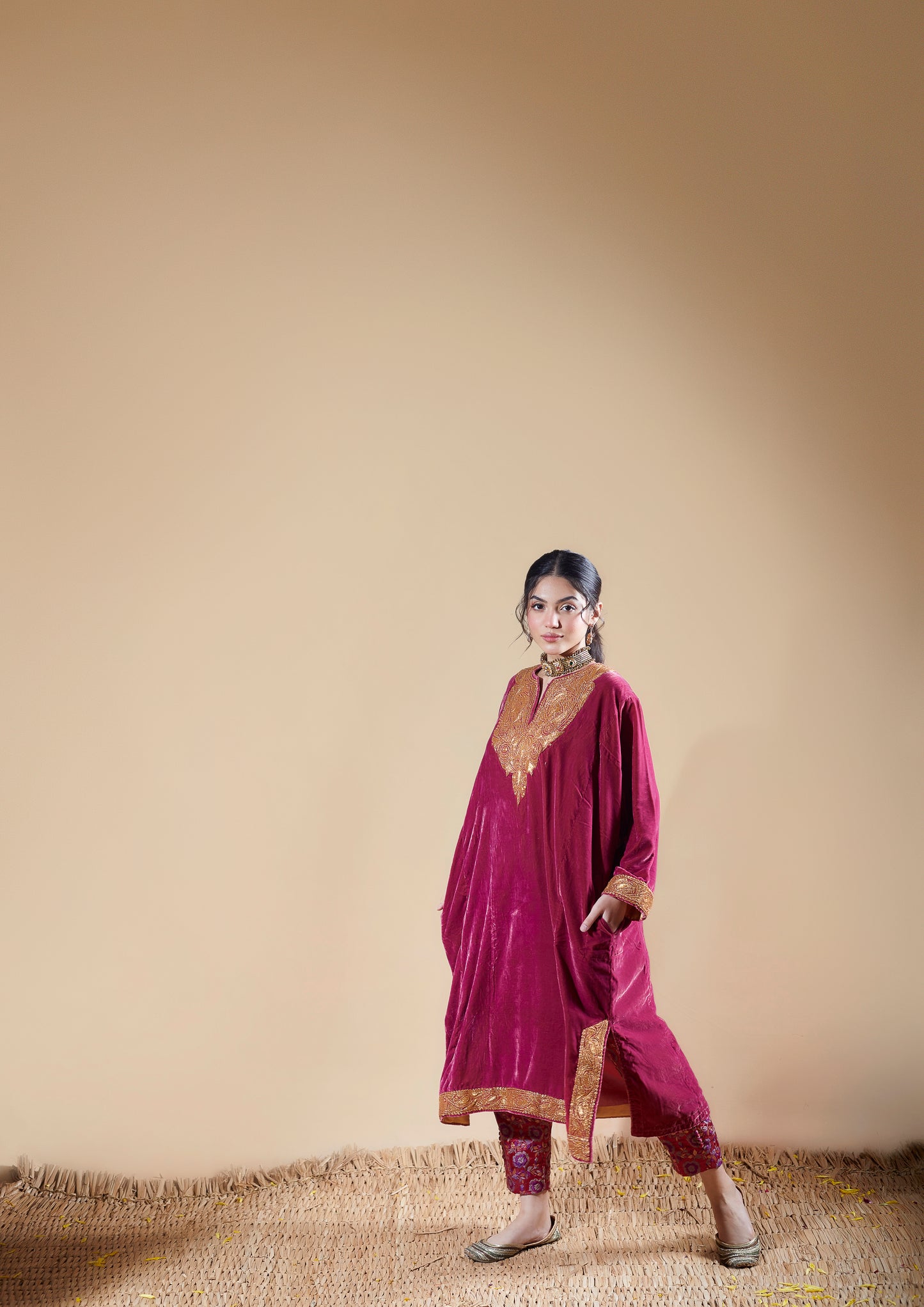 Dark Pink Silk Velvet Pheran Set