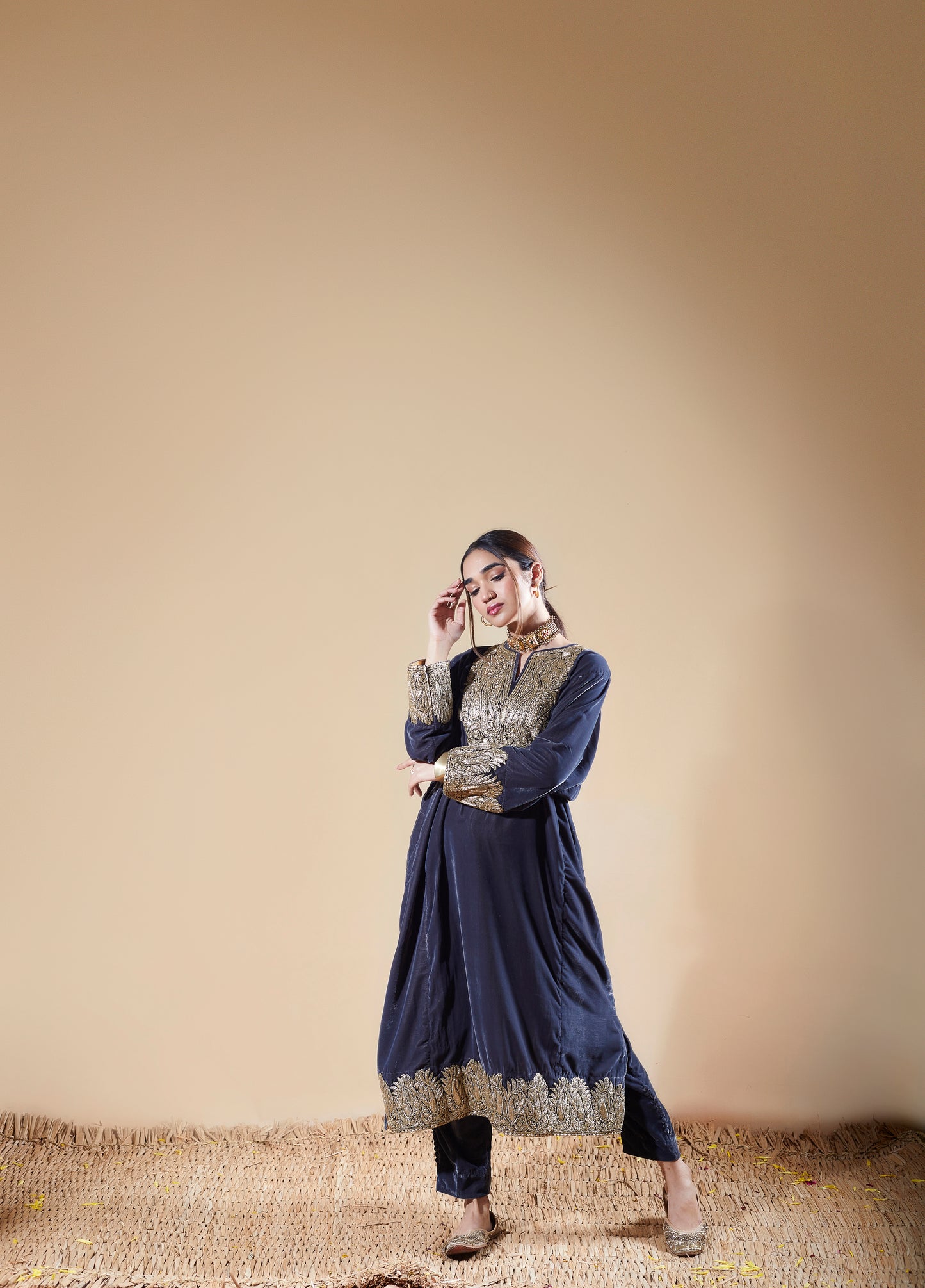 Dark Gray Silk Velvet Pheran Set