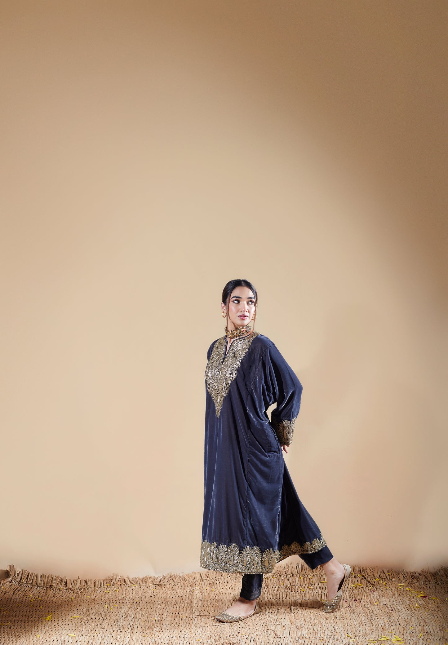 Dark Gray Silk Velvet Pheran Set