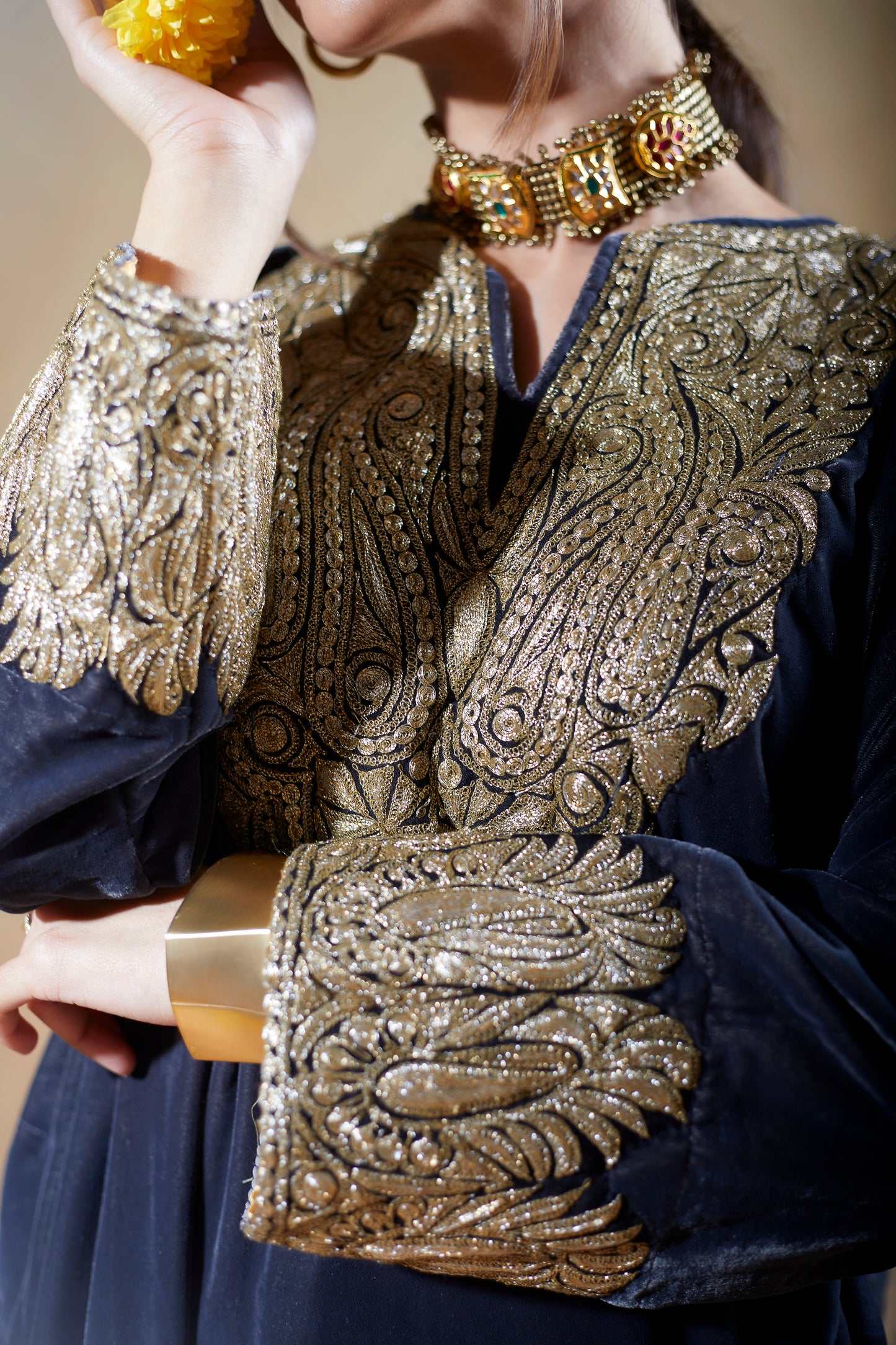 Dark Gray Silk Velvet Pheran Set
