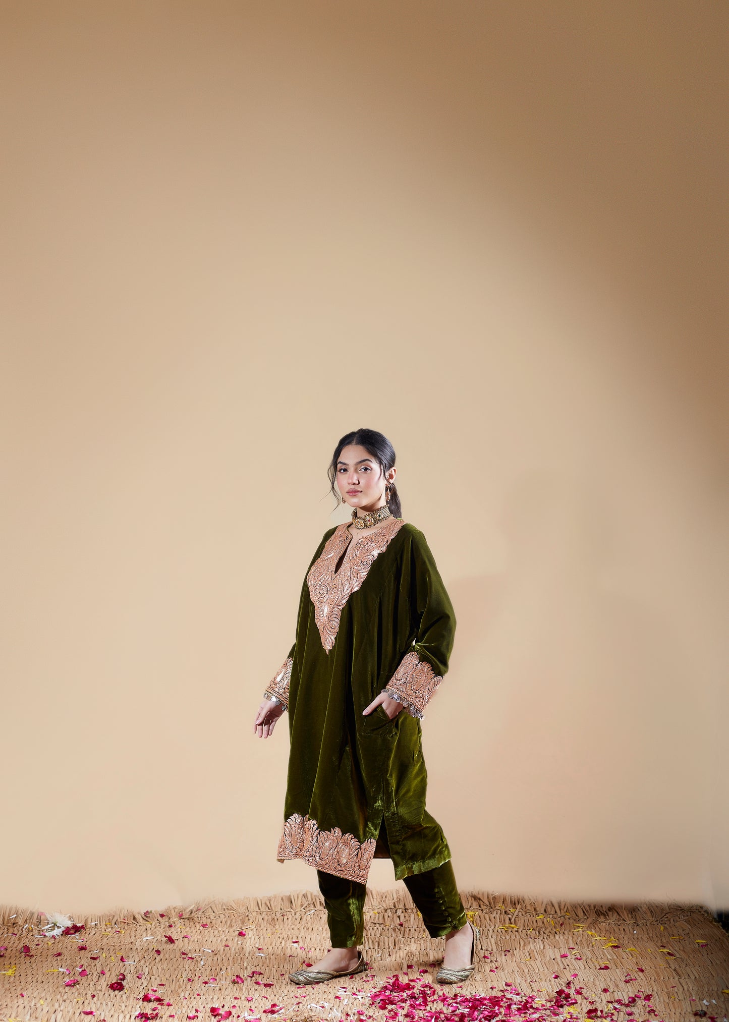 Bottle Green Silk Velvet Pheran Set
