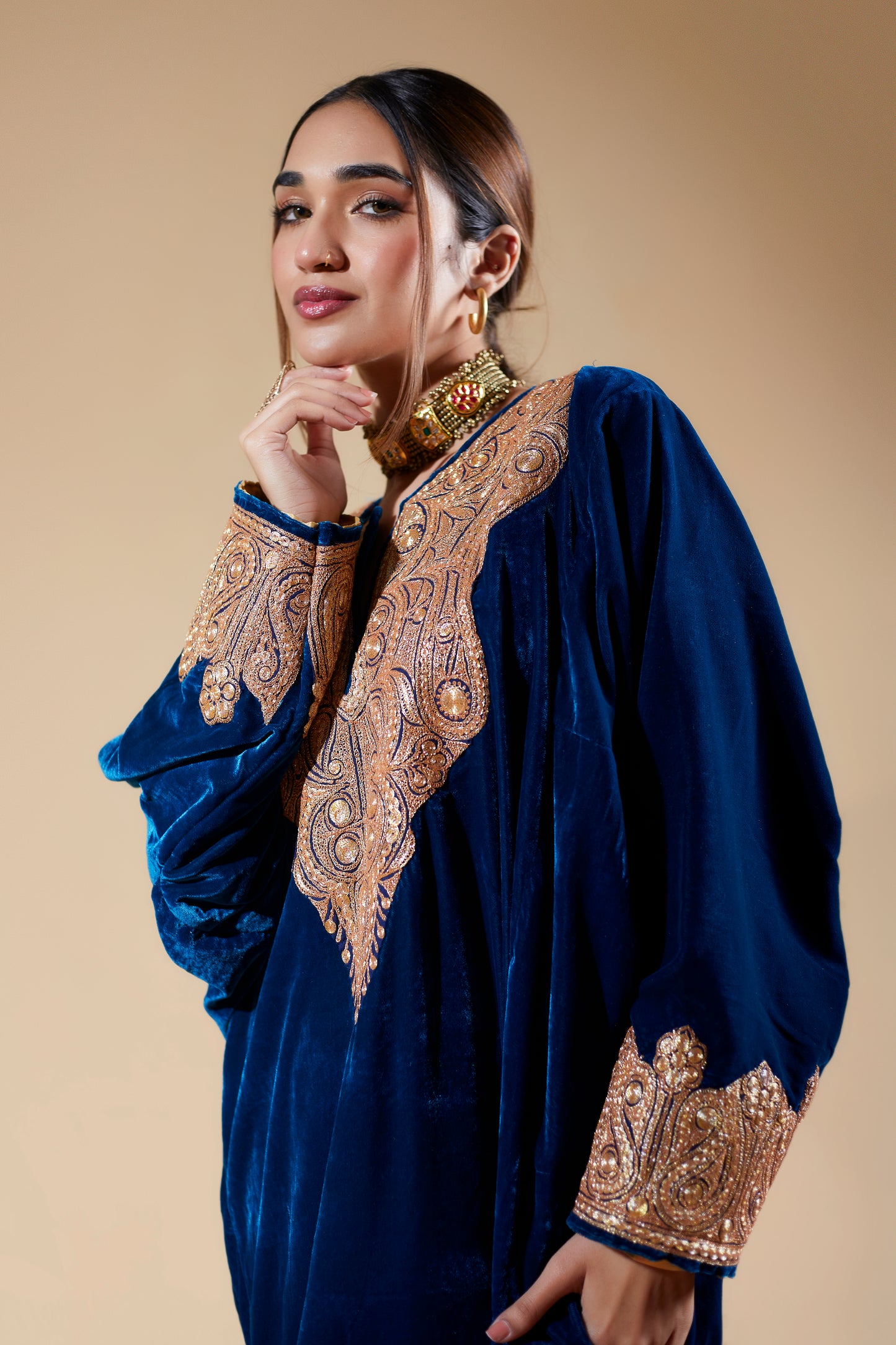 Ink Blue Silk Velvet Pheran Set