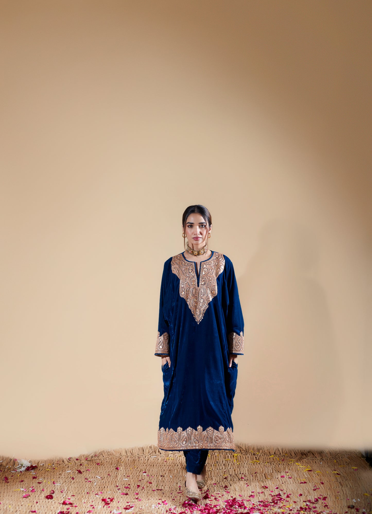 Ink Blue Silk Velvet Pheran Set
