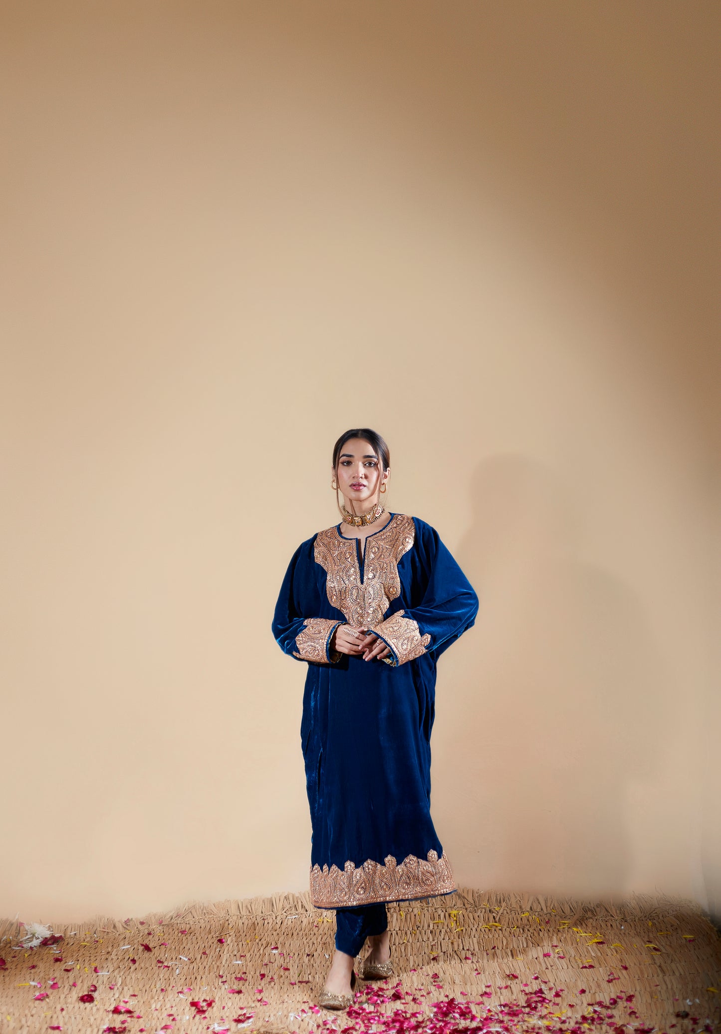 Ink Blue Silk Velvet Pheran Set