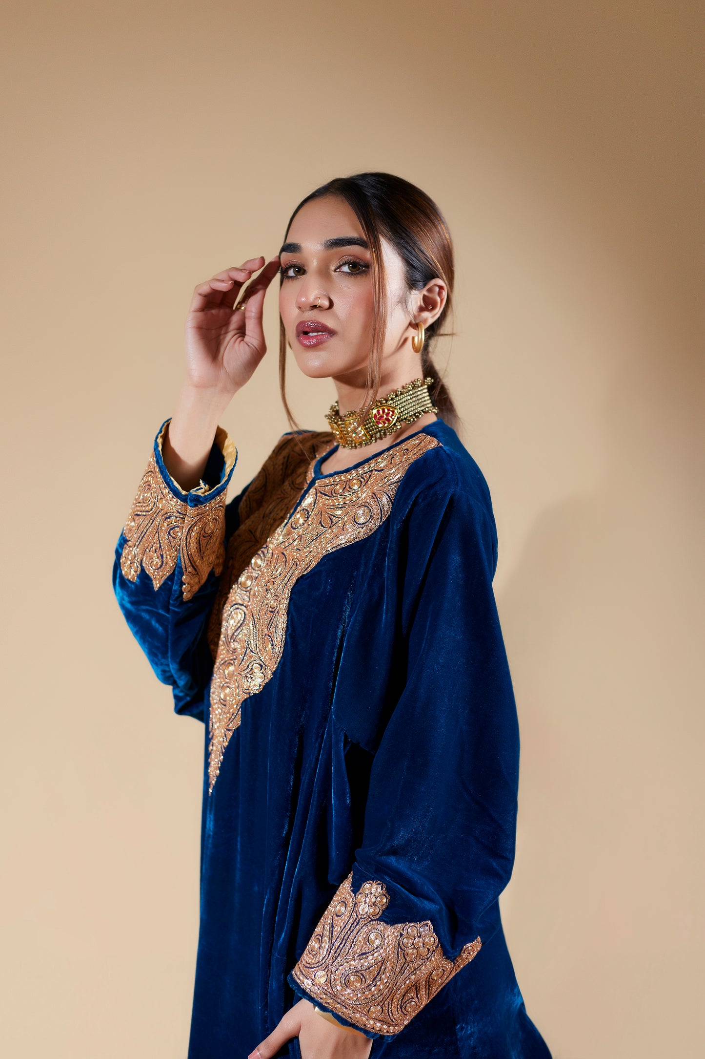 Ink Blue Silk Velvet Pheran Set