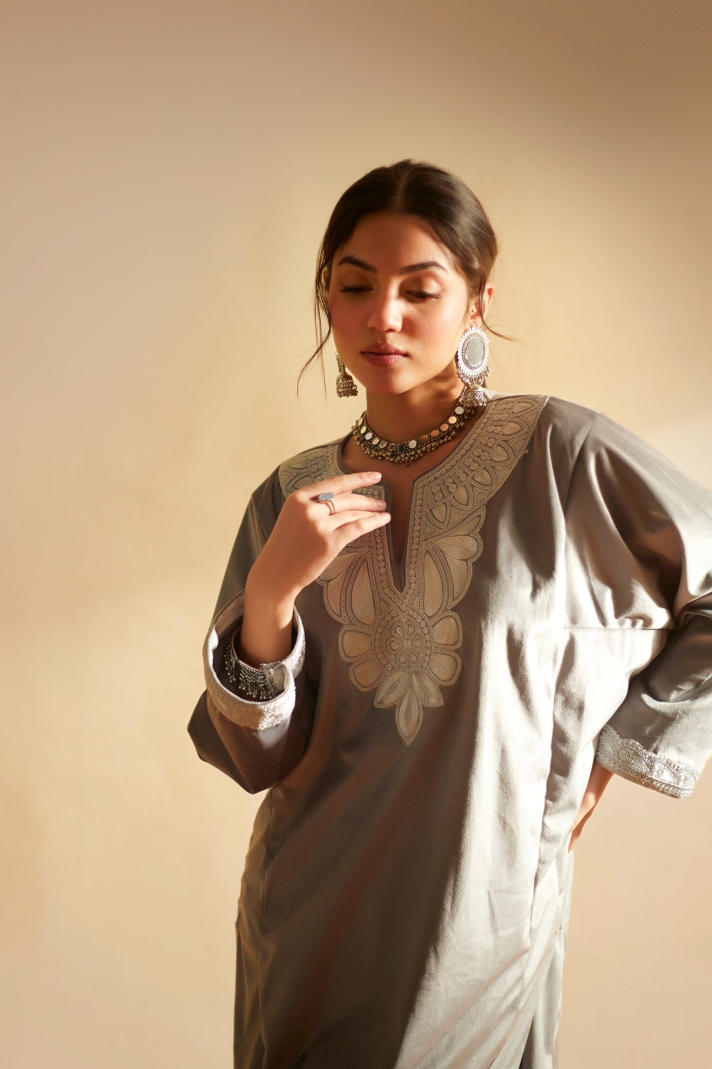 Light Gray Silk Velvet Pheran Set