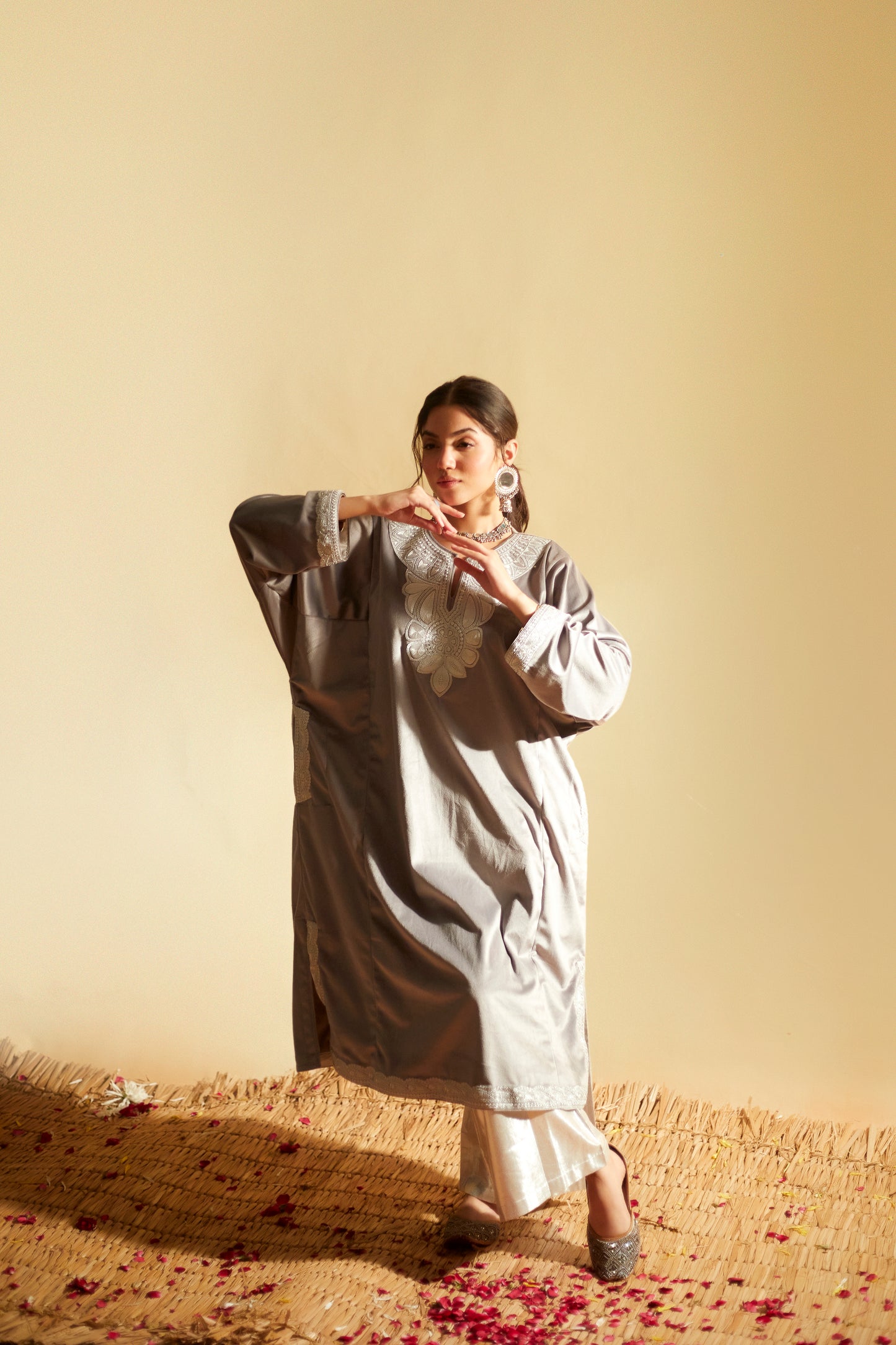 Light Gray Silk Velvet Pheran Set