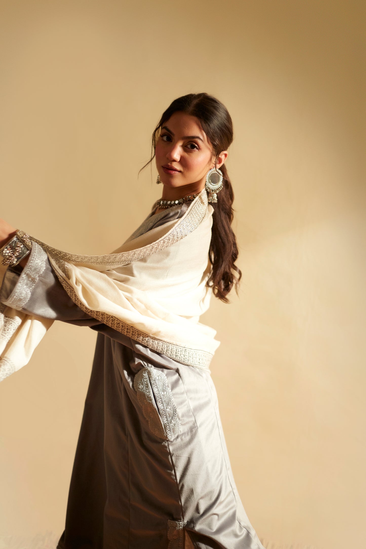 Light Gray Silk Velvet Pheran Set