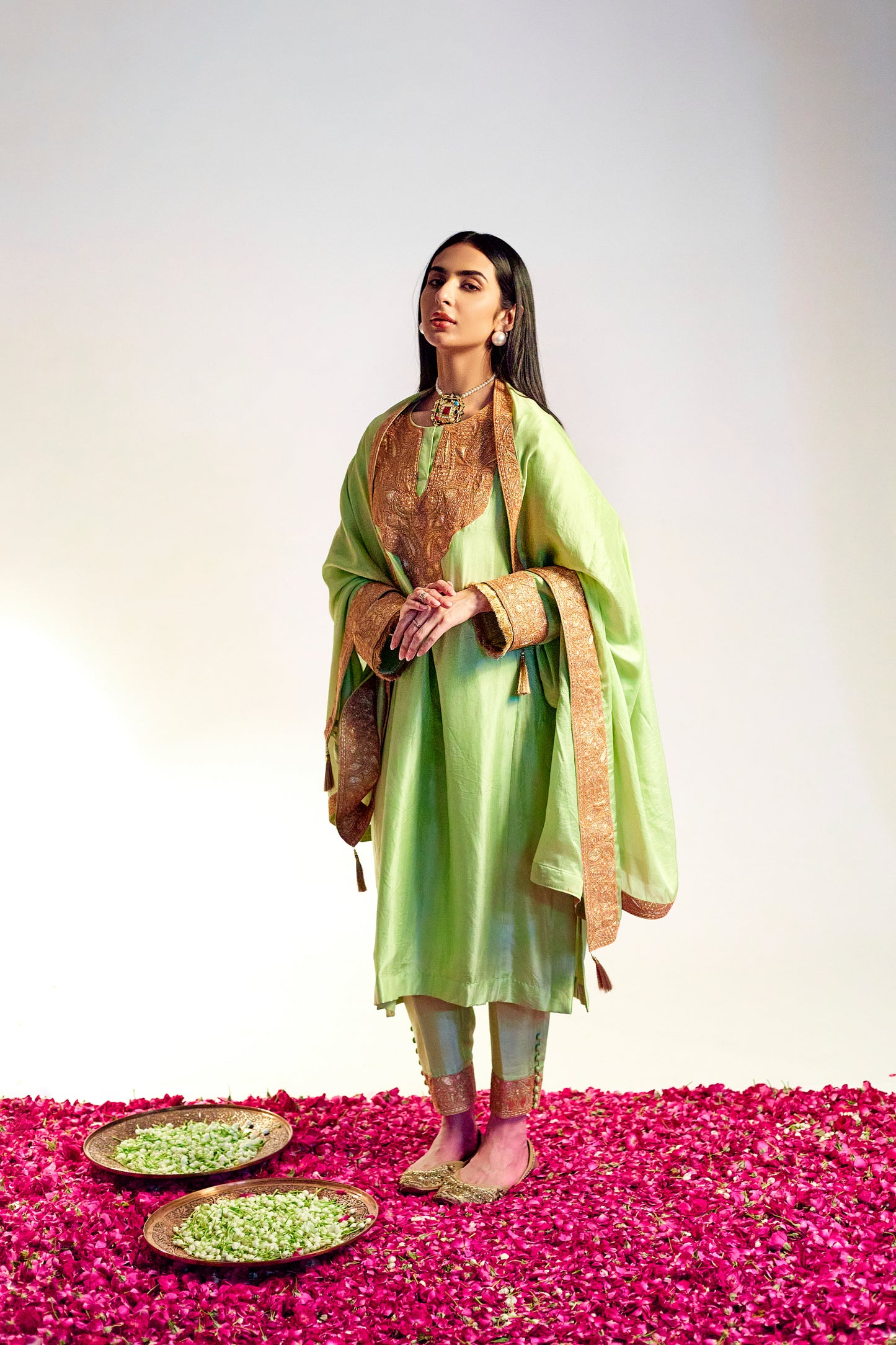 Mint Green Pure Silk Suit Set, Gold Tilla