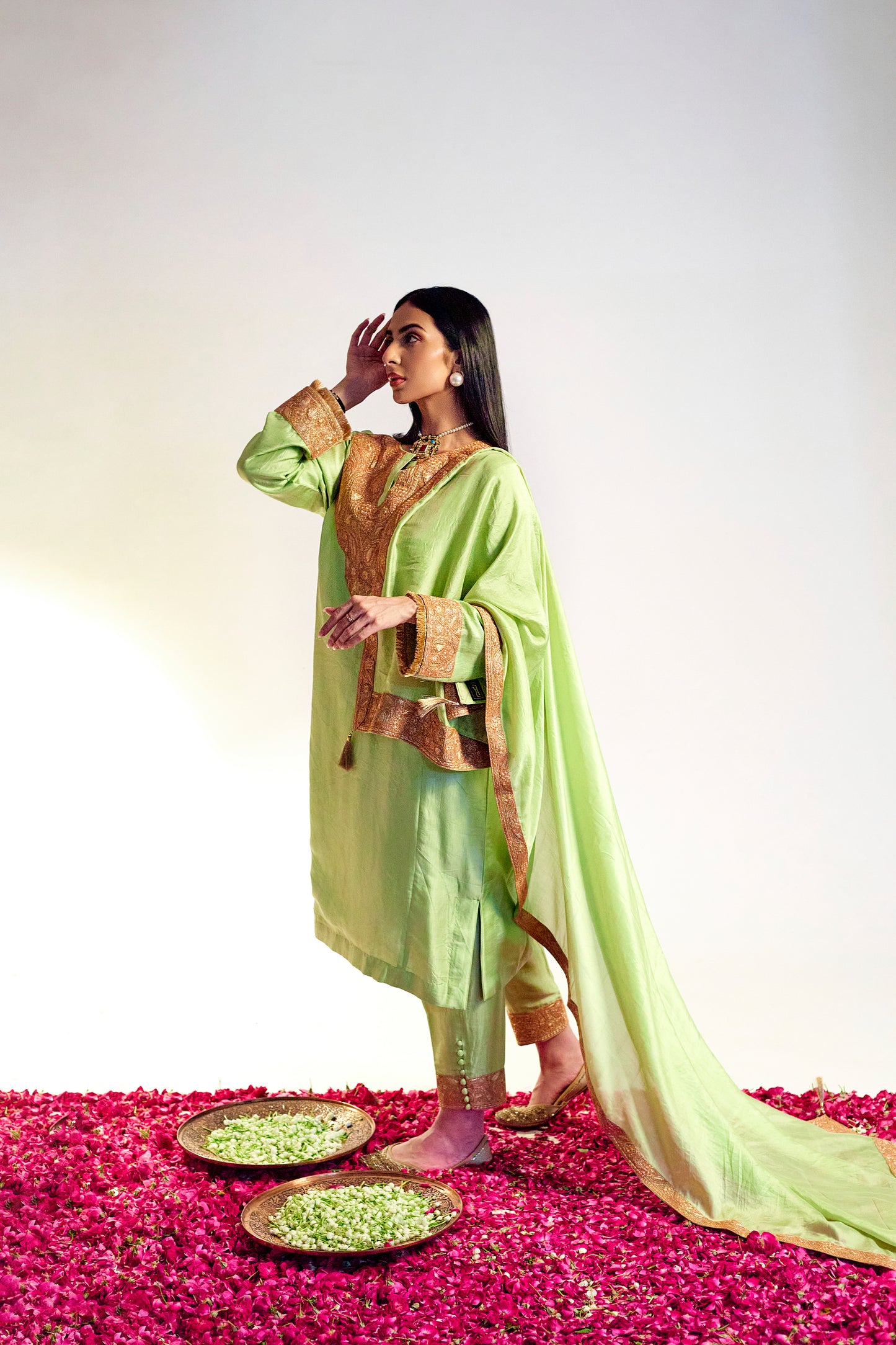 Mint Green Pure Silk Suit Set, Gold Tilla