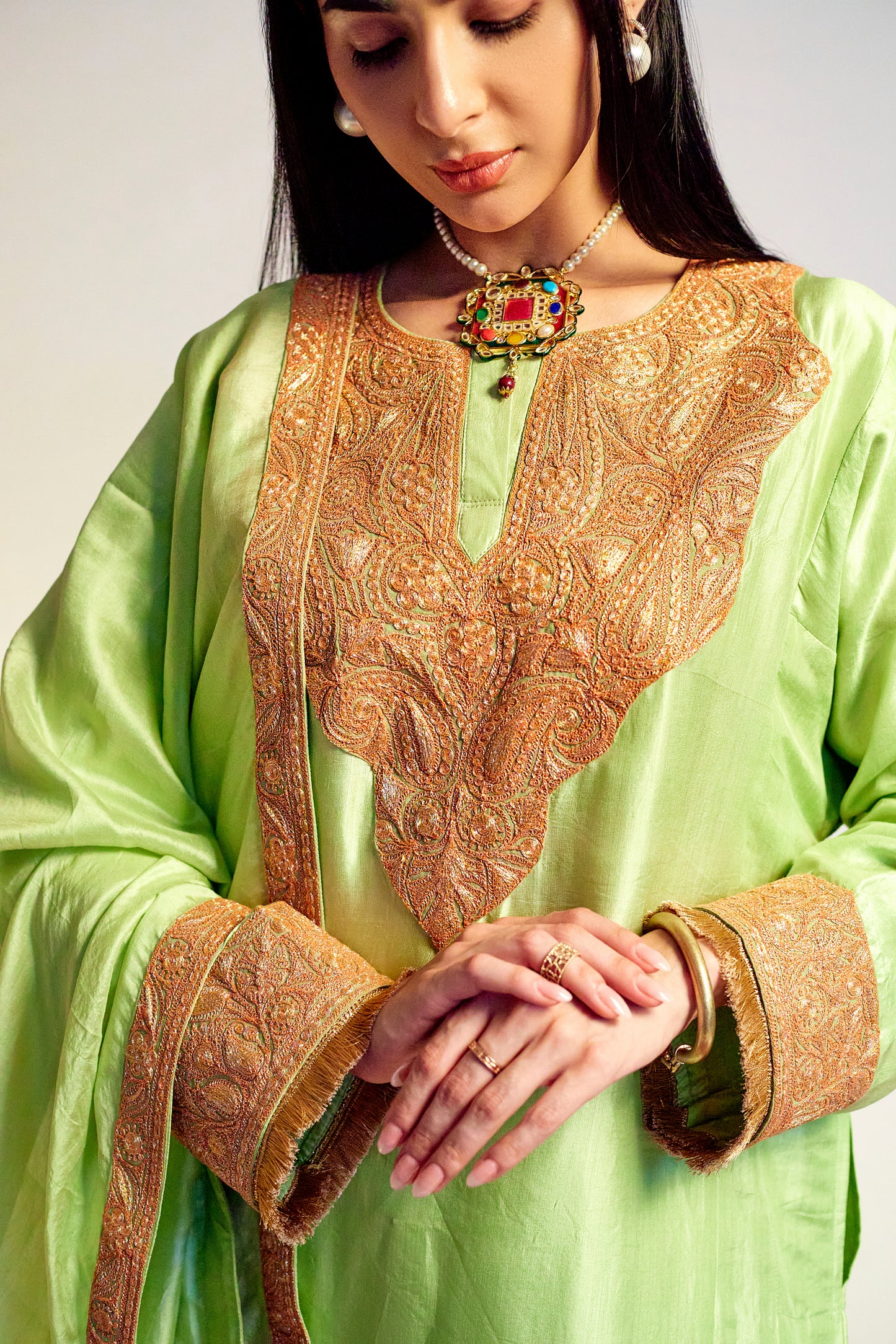 Mint Green Pure Silk Suit Set, Gold Tilla