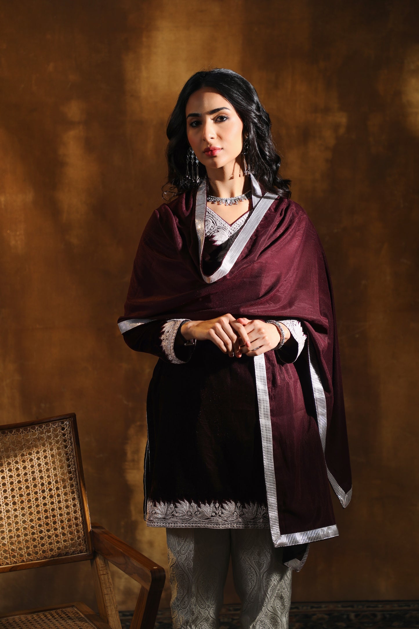 Maroon Silk Velvet Pheran Suit Set