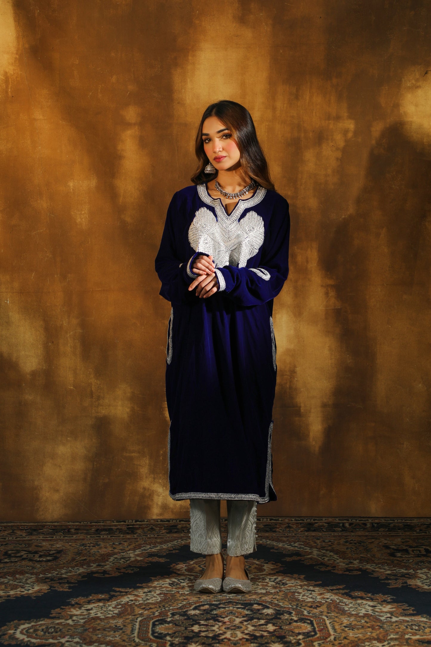 Midnight Blue Pure Silver Tilla Pheran Set