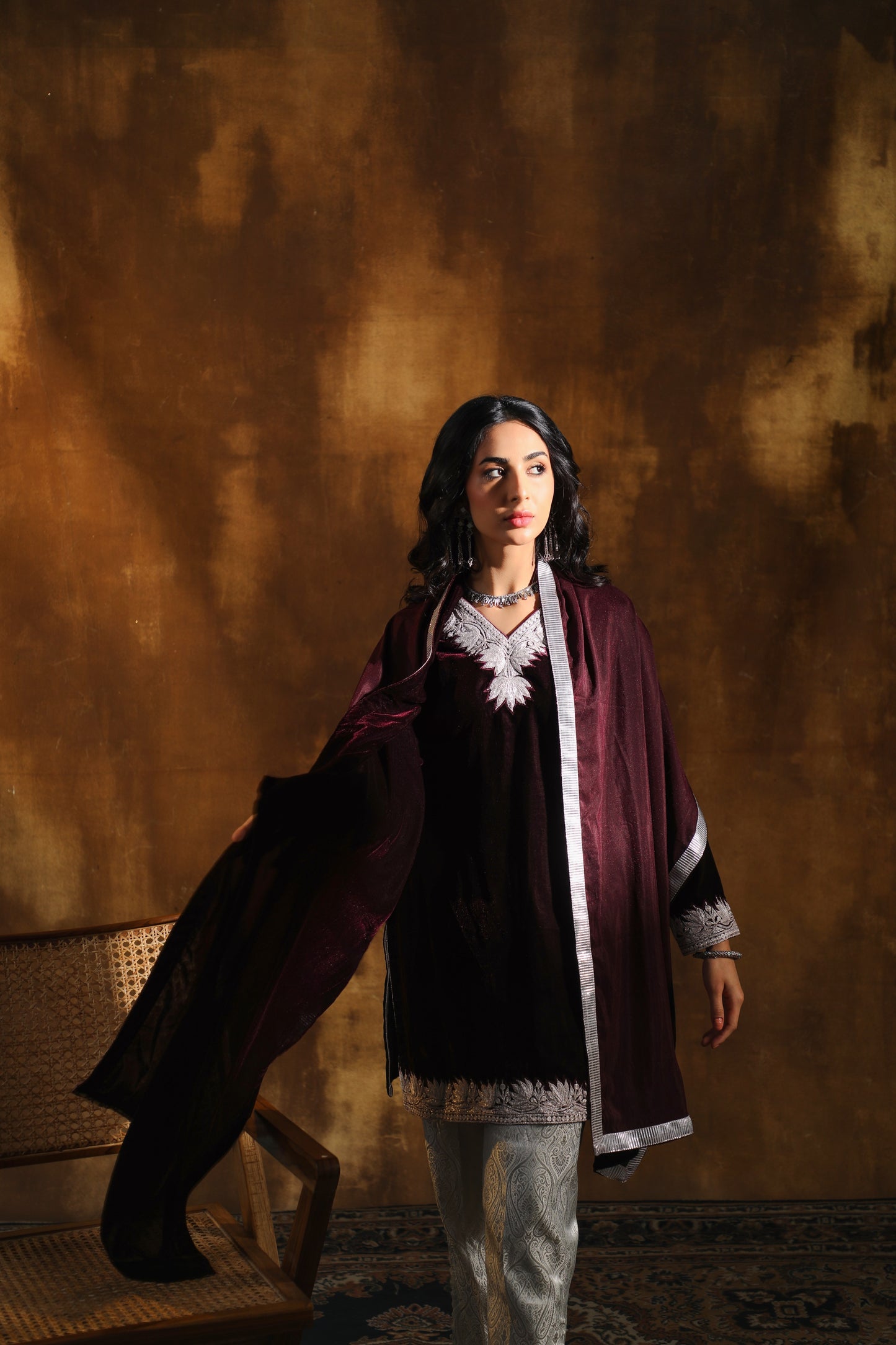 Maroon Silk Velvet Pheran Suit Set
