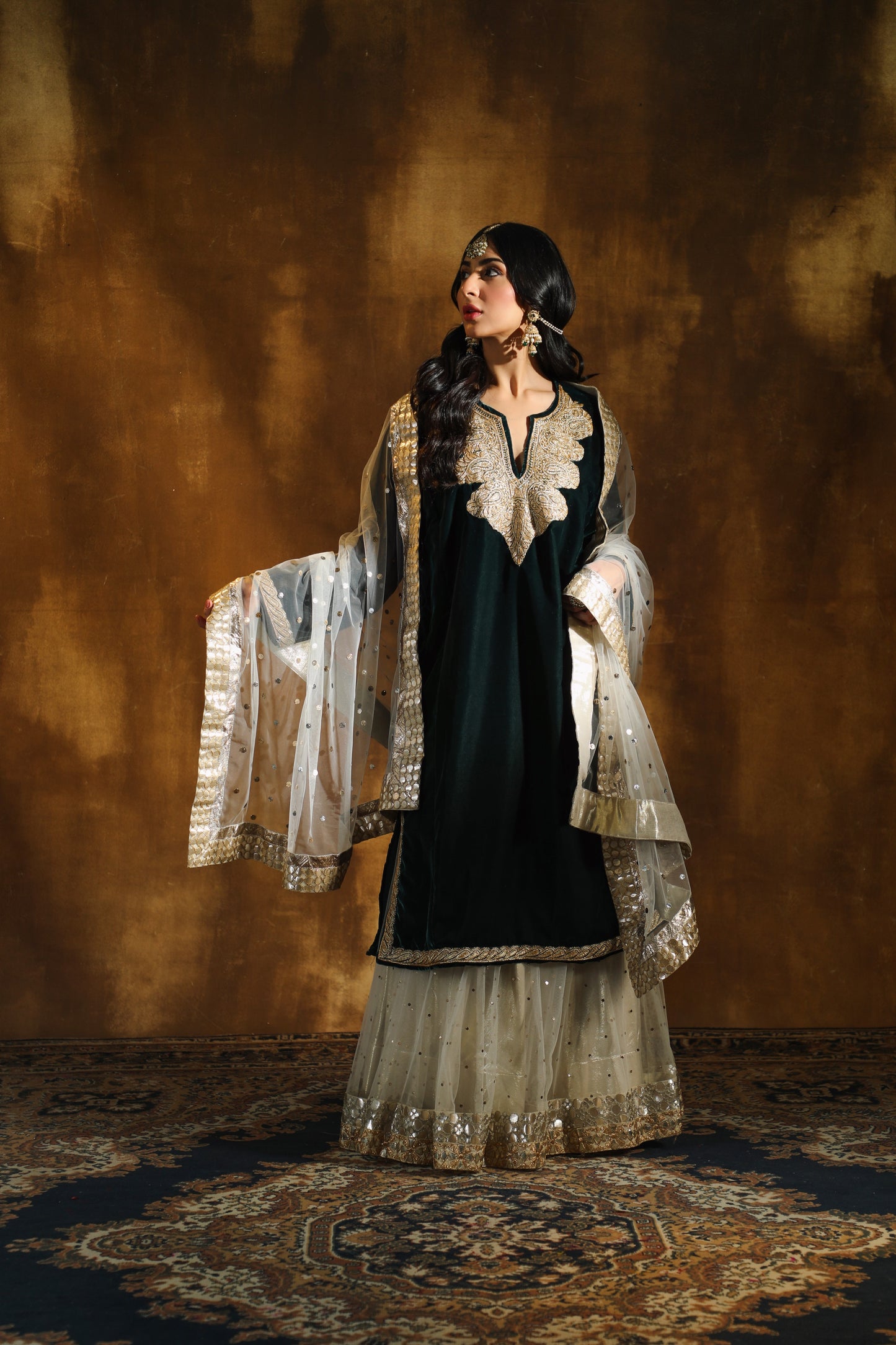 Bottle Green Pure Gold Tilla Pheran Lehenga Set