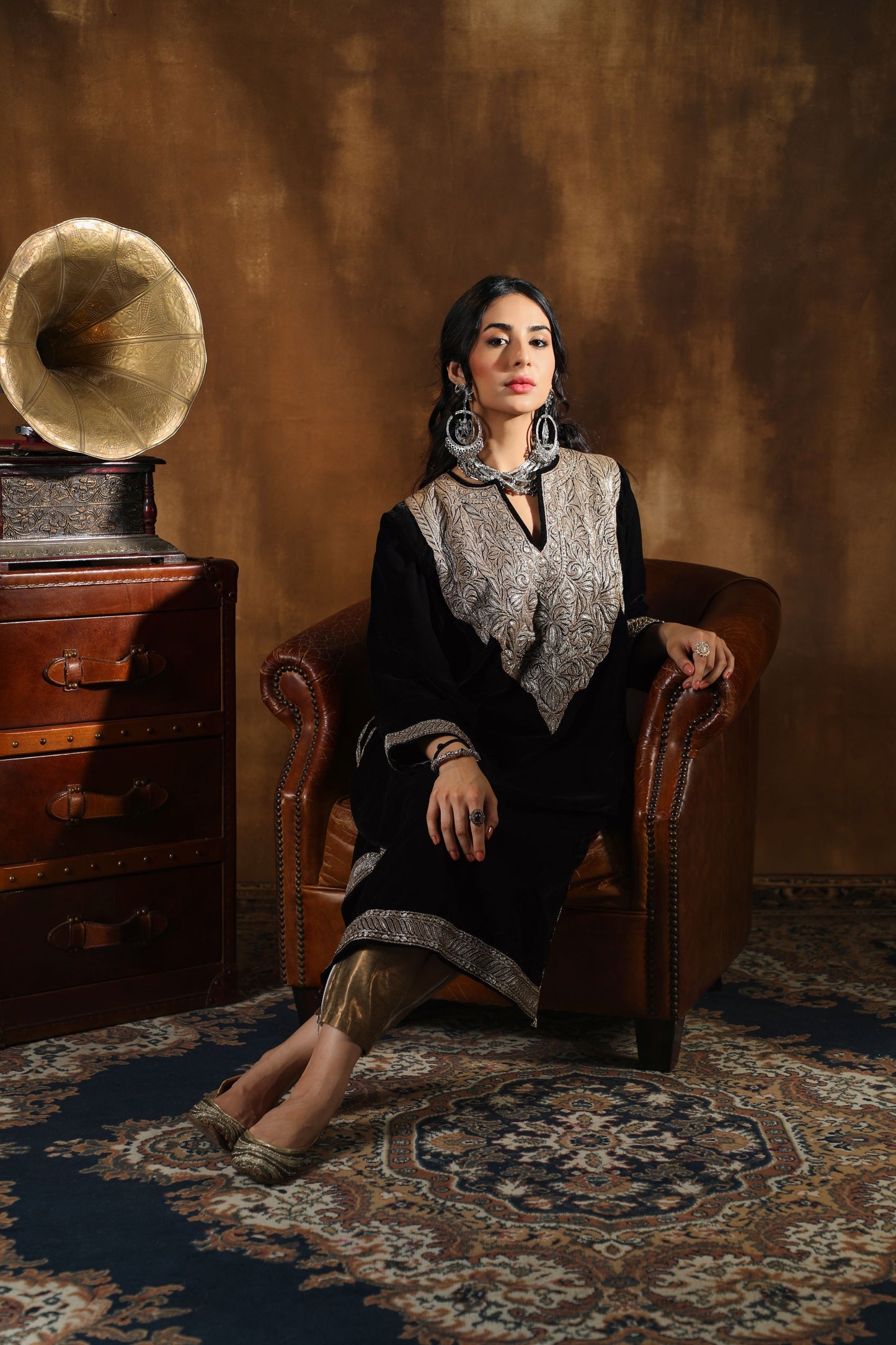 Black Silk Velvet Pheran Gold-Silver Tilla