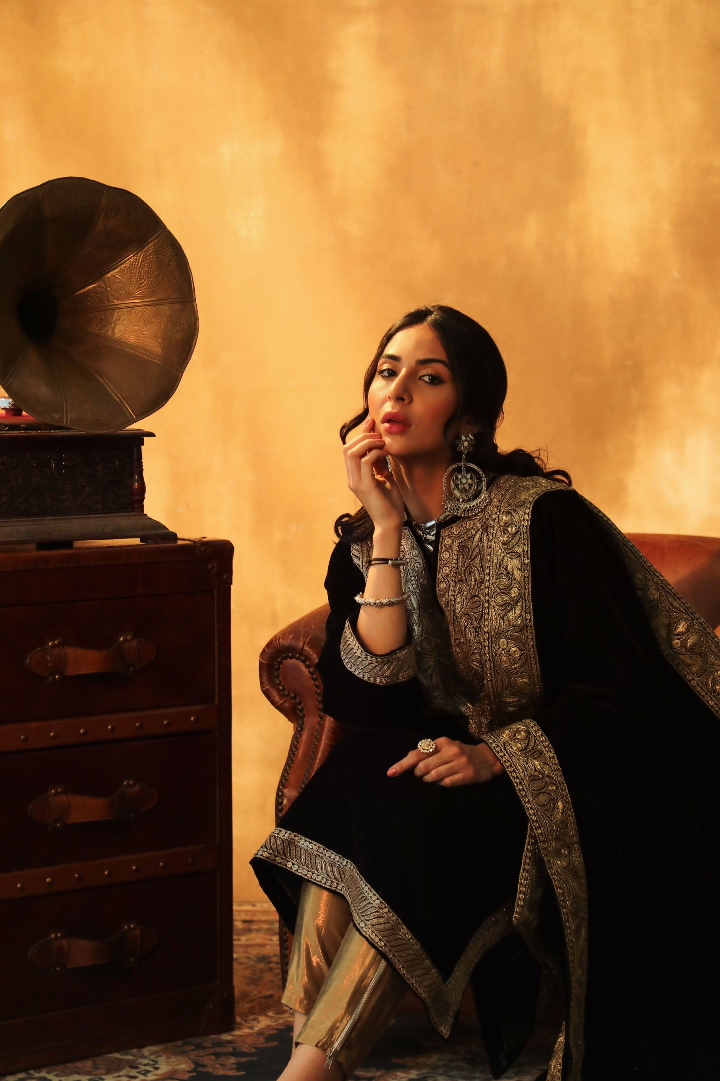 Black Silk Velvet Pheran Gold-Silver Tilla