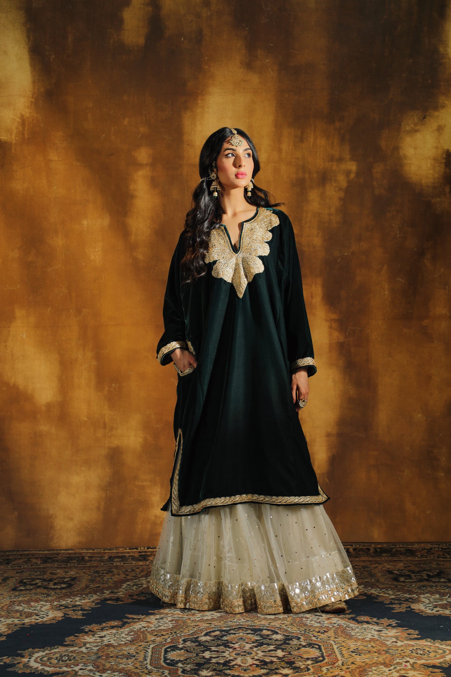 Bottle Green Pure Gold Tilla Pheran Lehenga Set