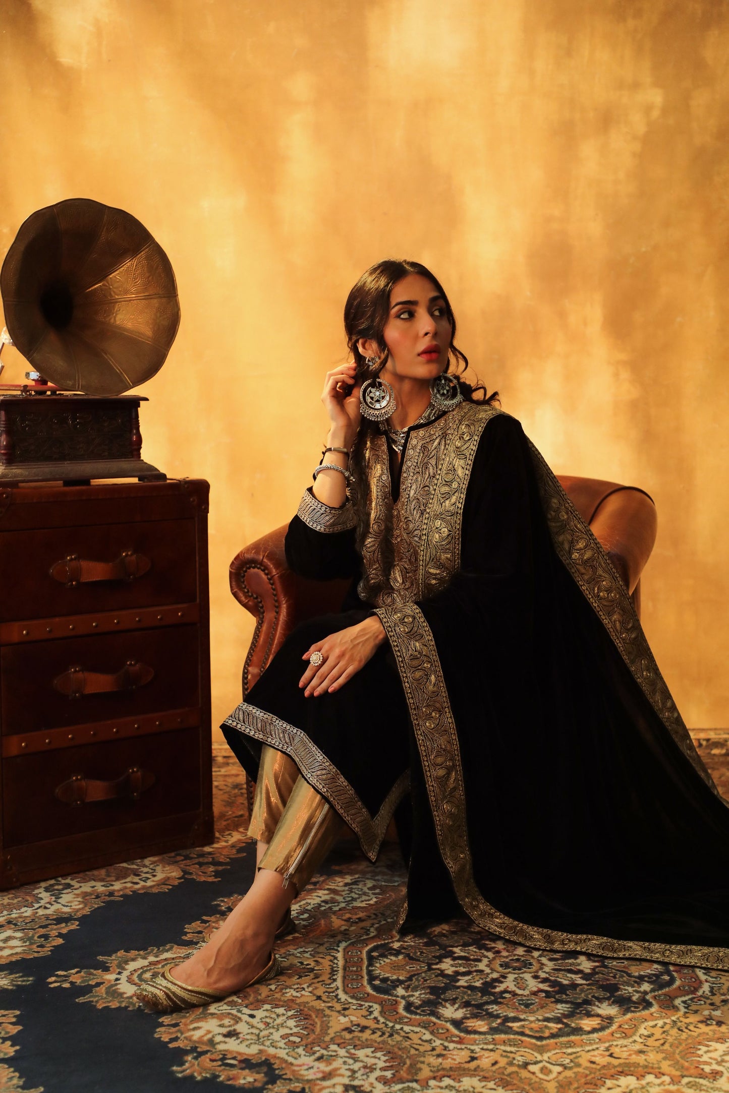 Black Silk Velvet Pheran Gold-Silver Tilla