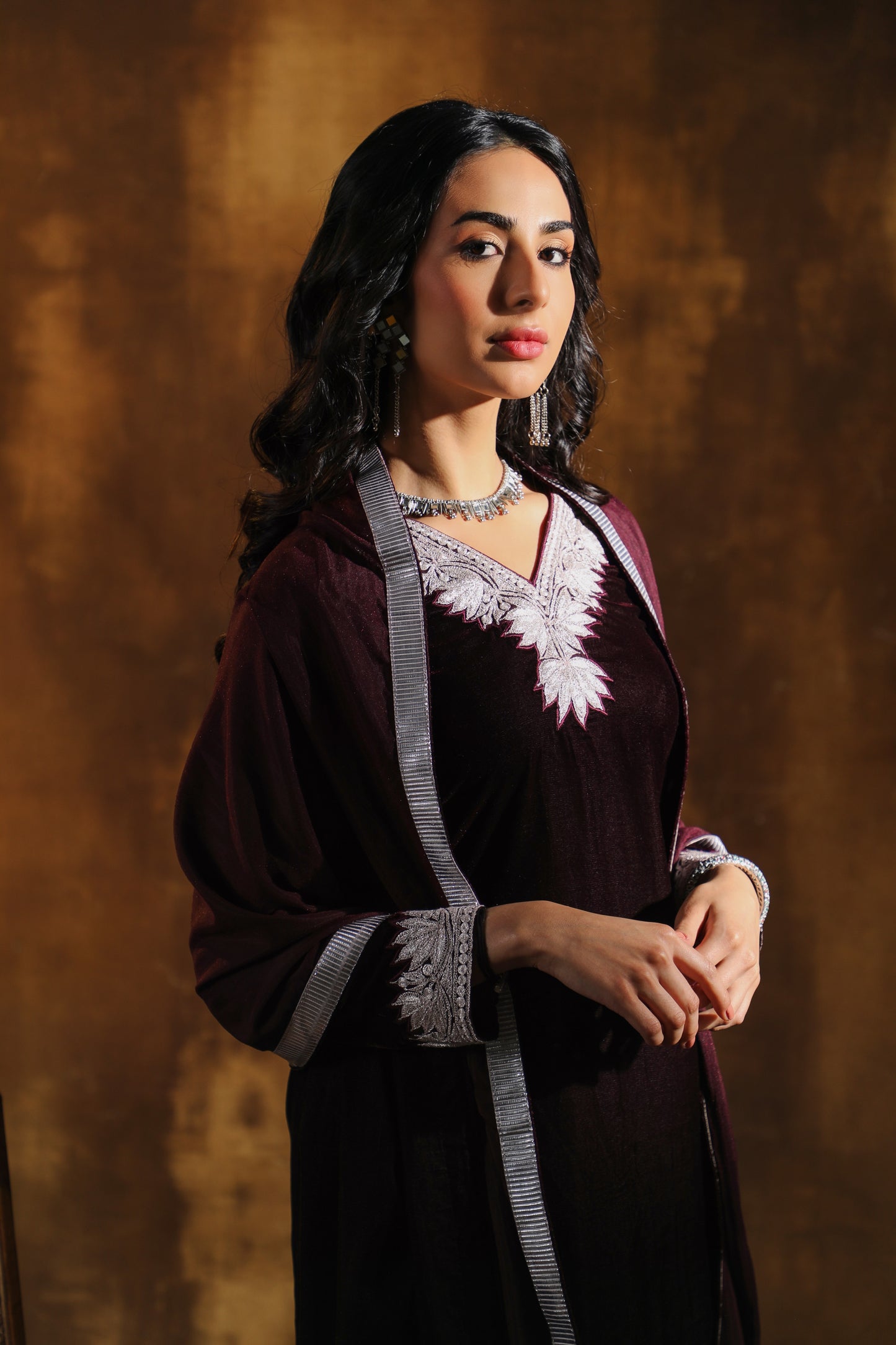 Maroon Silk Velvet Pheran Suit Set