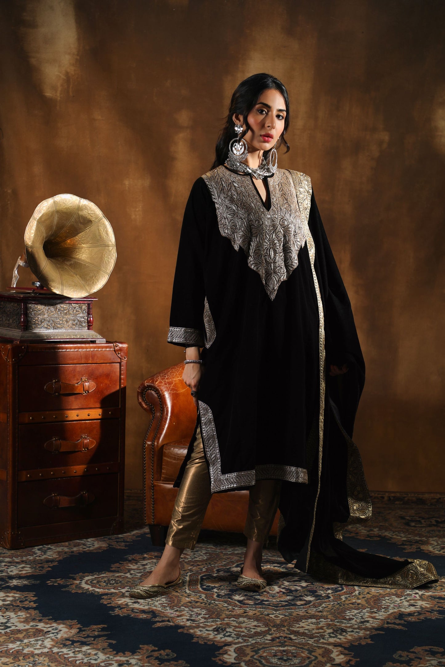 Black Silk Velvet Pheran Gold-Silver Tilla
