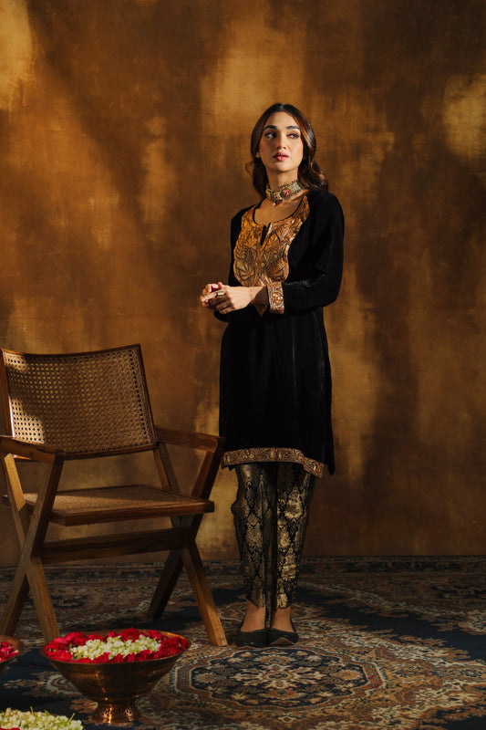Black Silk Velvet Pheran Suit Set
