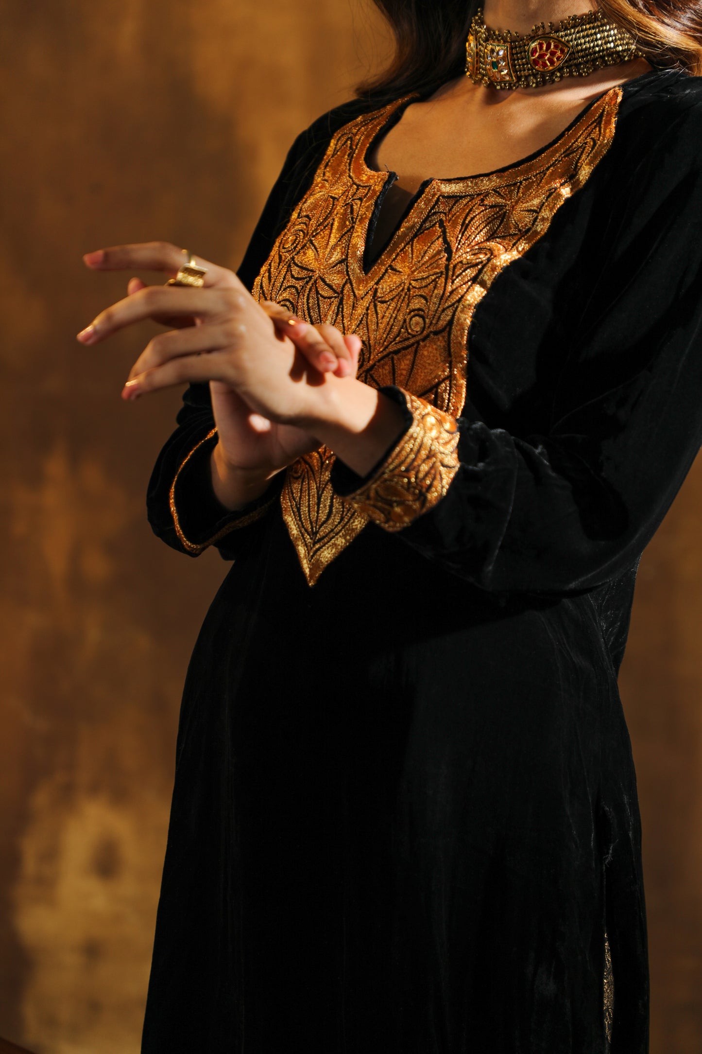 Black Silk Velvet Pheran Suit Set