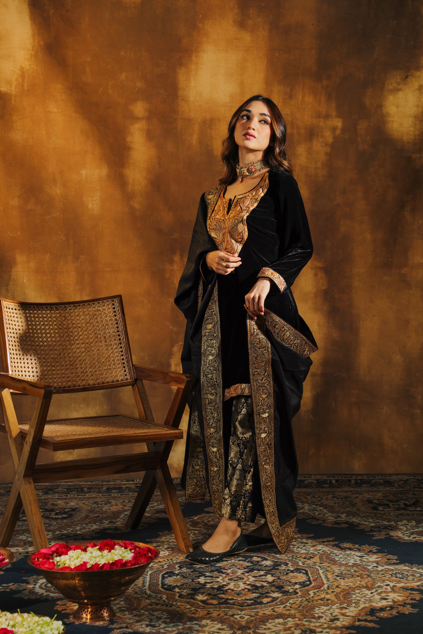 Black Silk Velvet Pheran Suit Set