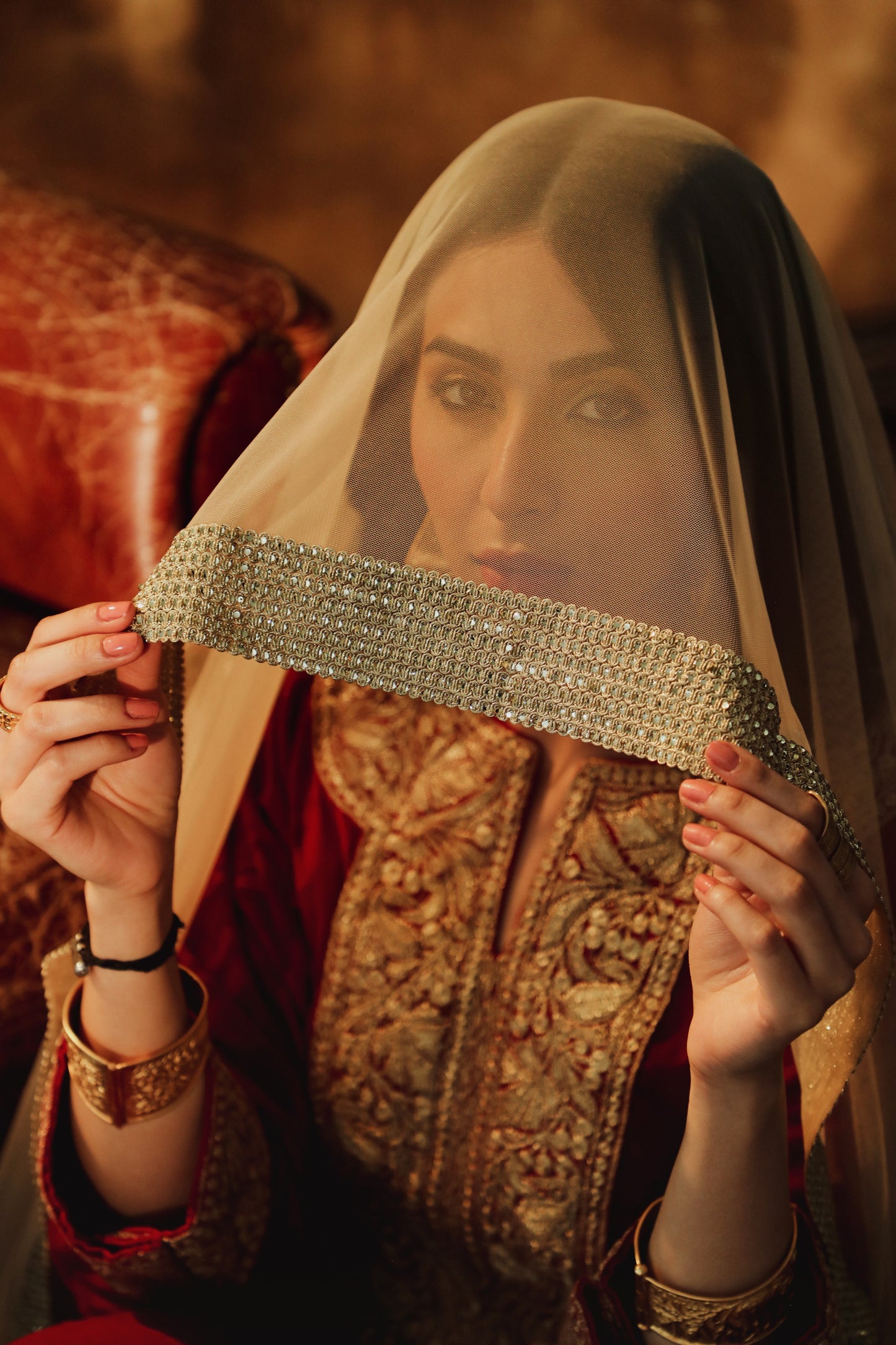 Red Silk Velvet Pheran Set