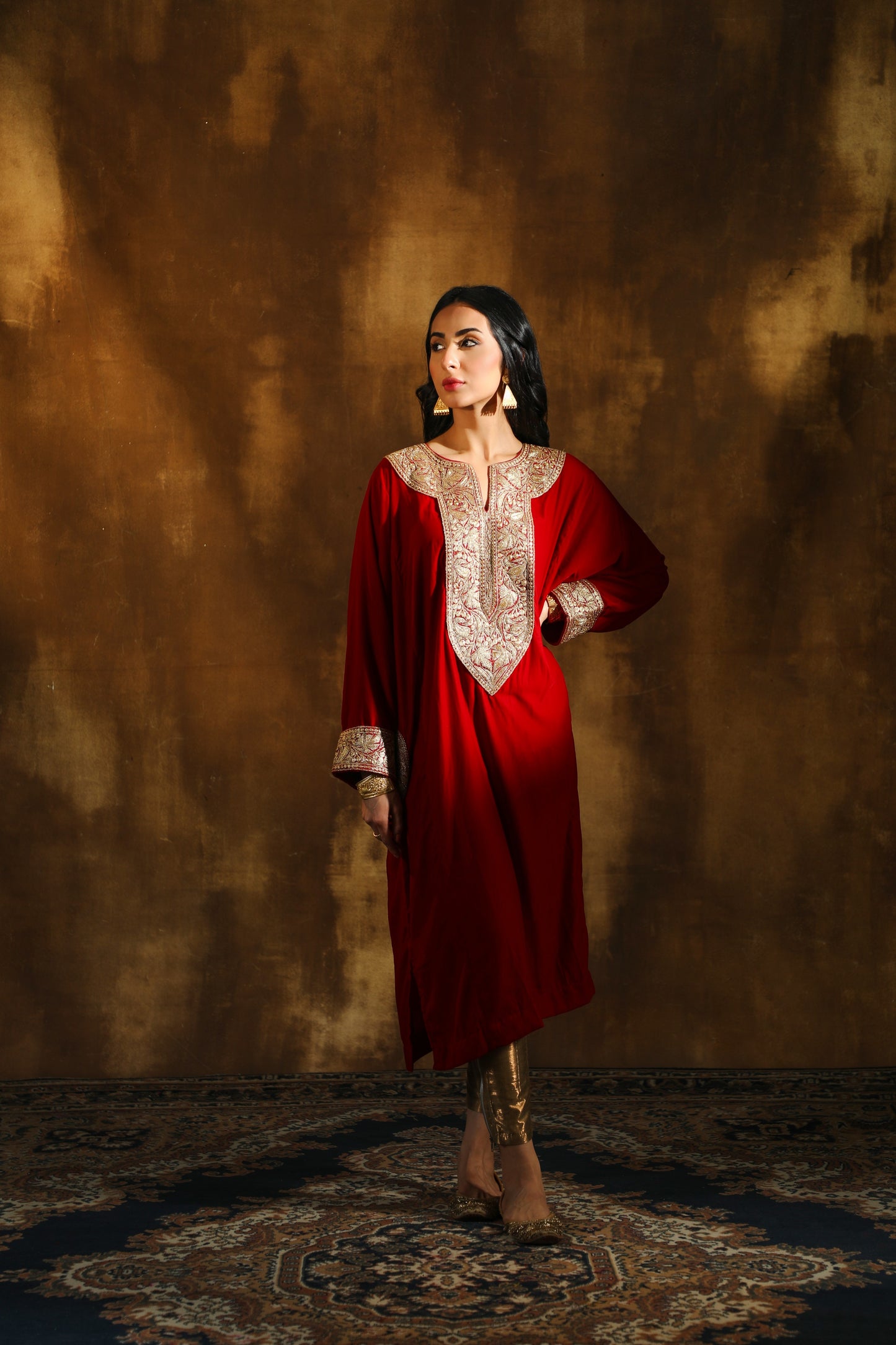 Red Silk Velvet Pheran Set
