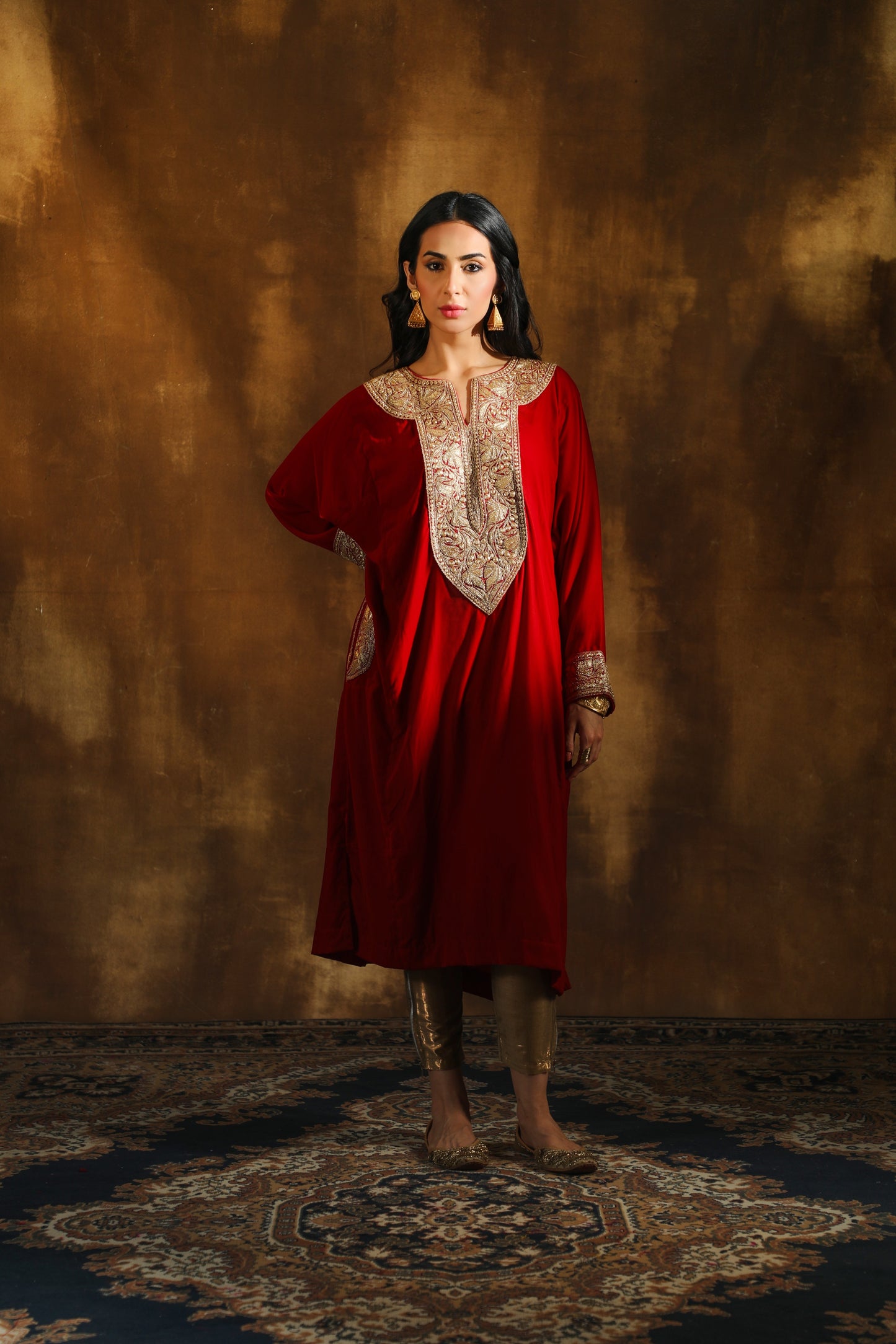 Red Silk Velvet Pheran Set