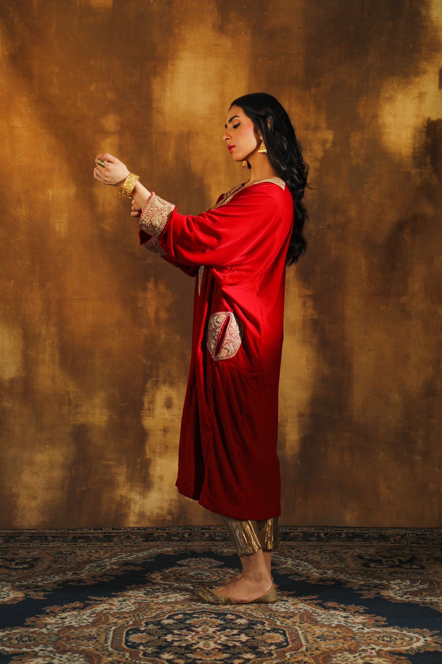 Red Silk Velvet Pheran Set