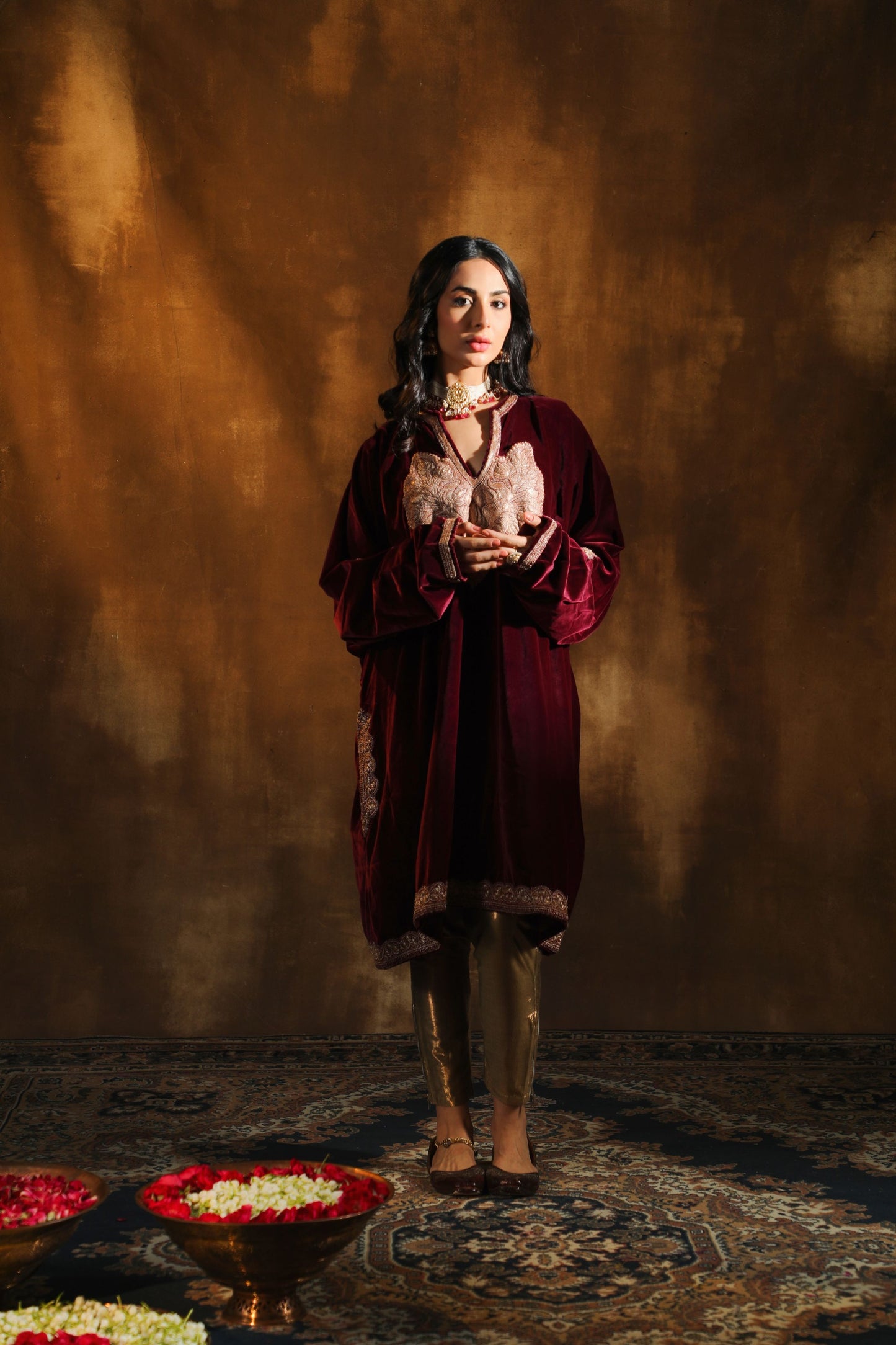 Antique Maroon Silk Velvet Pheran