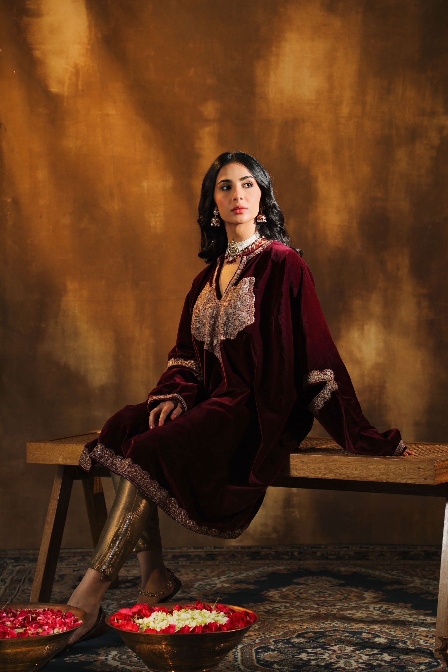 Antique Maroon Silk Velvet Pheran