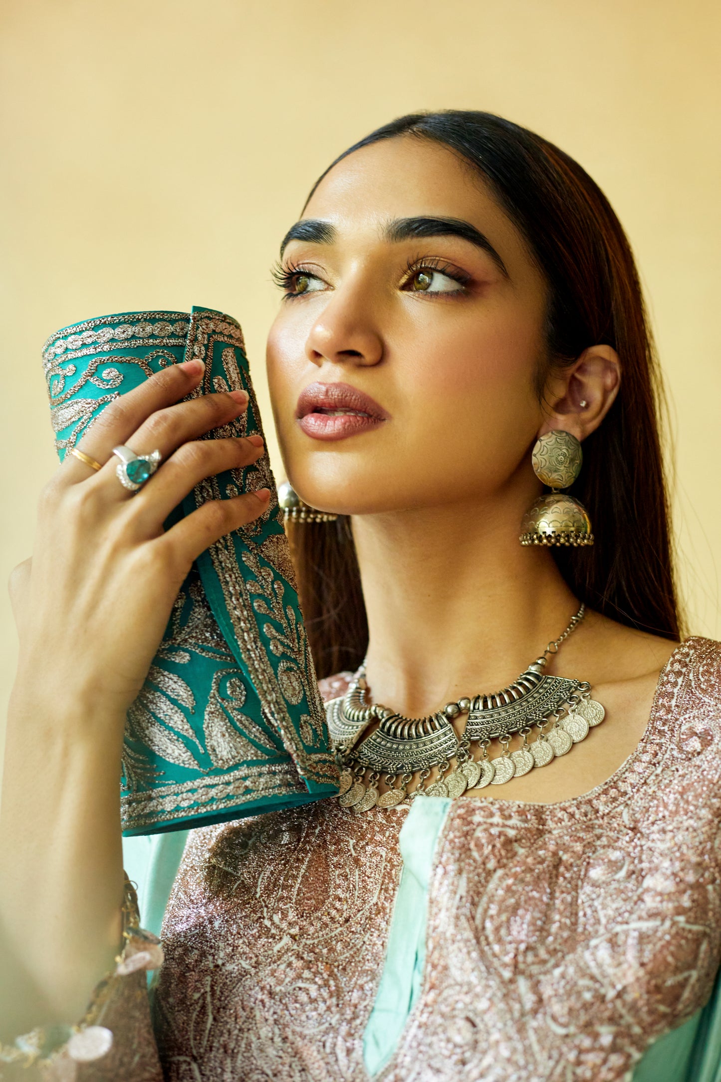Mint Green Pure Silk Suit Set, Silver Tilla