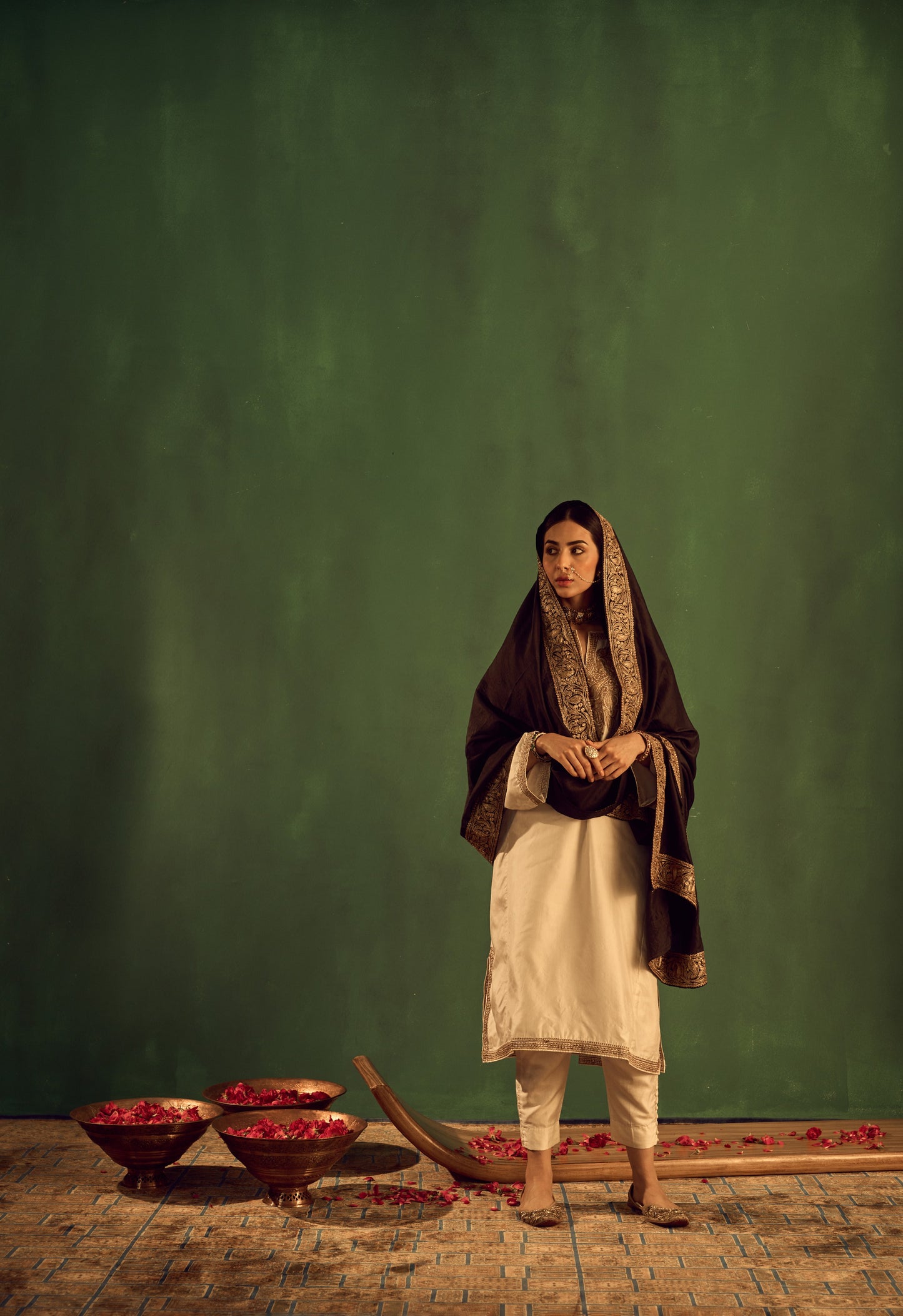 Korab White and Black Pure Silk Suit Set