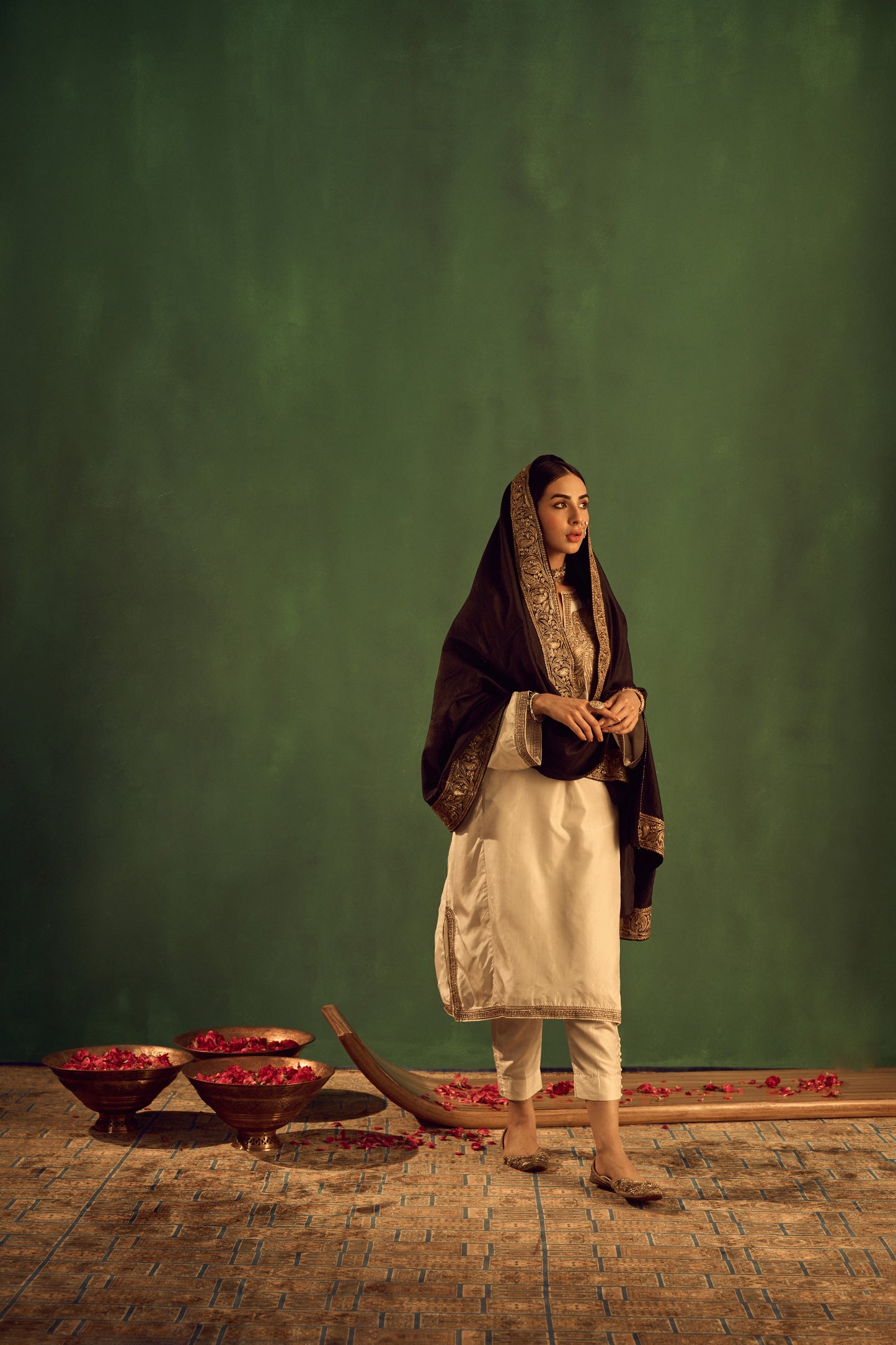 Korab White and Black Pure Silk Suit Set